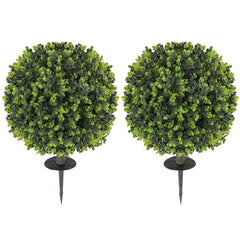 HOMCOM Set of 2 40 cm Artificial Boxwood Topiary Ball Bush with Integrated Ground Stake, Eucalyptus Leaves, Indoor Outdoor UV Resistant Faux Greenery, Faux Plants for Garden, Porch, Balcony