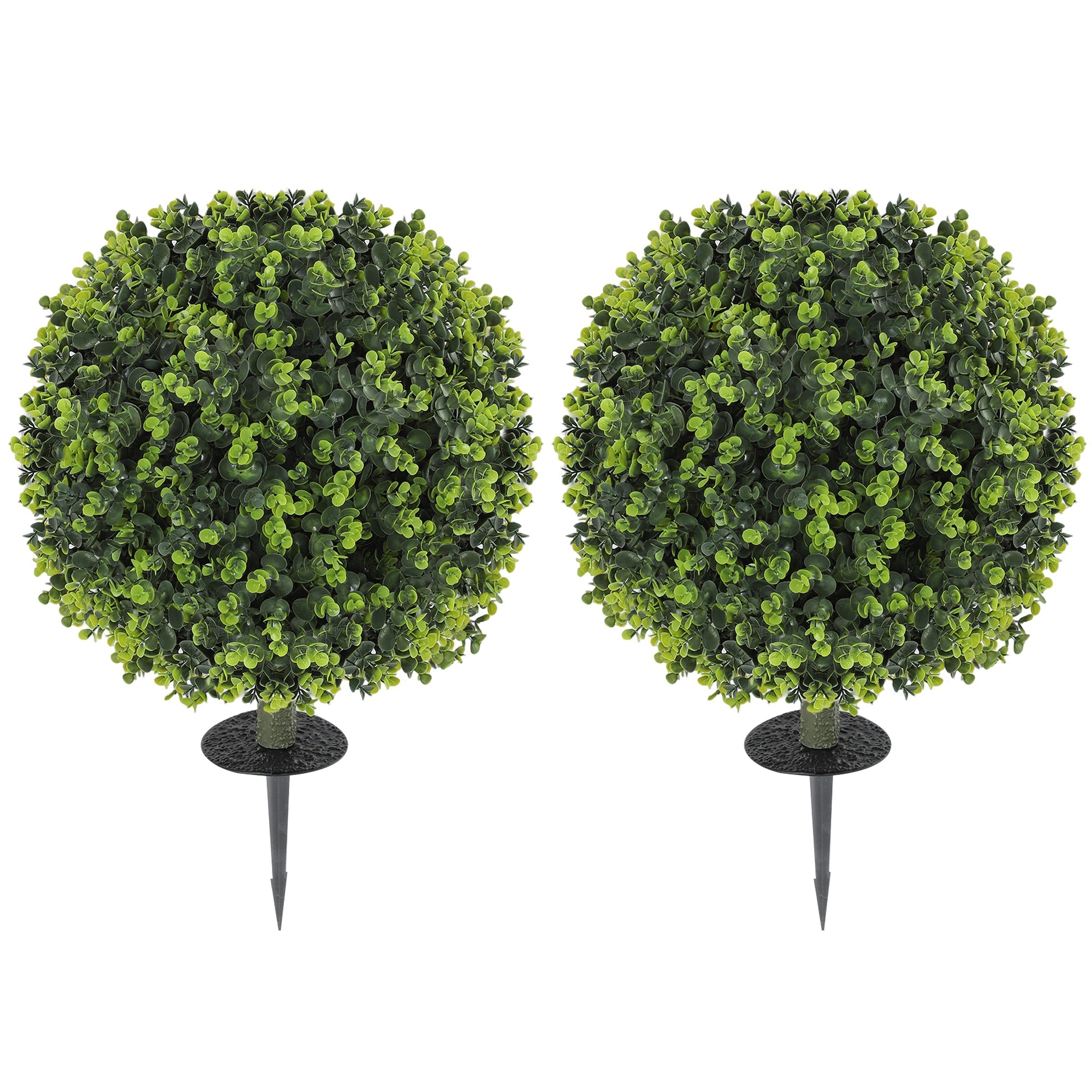 HOMCOM Set of 2 40 cm Artificial Boxwood Topiary Ball Bush with Integrated Ground Stake, Eucalyptus Leaves, Indoor Outdoor UV Resistant Faux Greenery, Faux Plants for Garden, Porch, Balcony