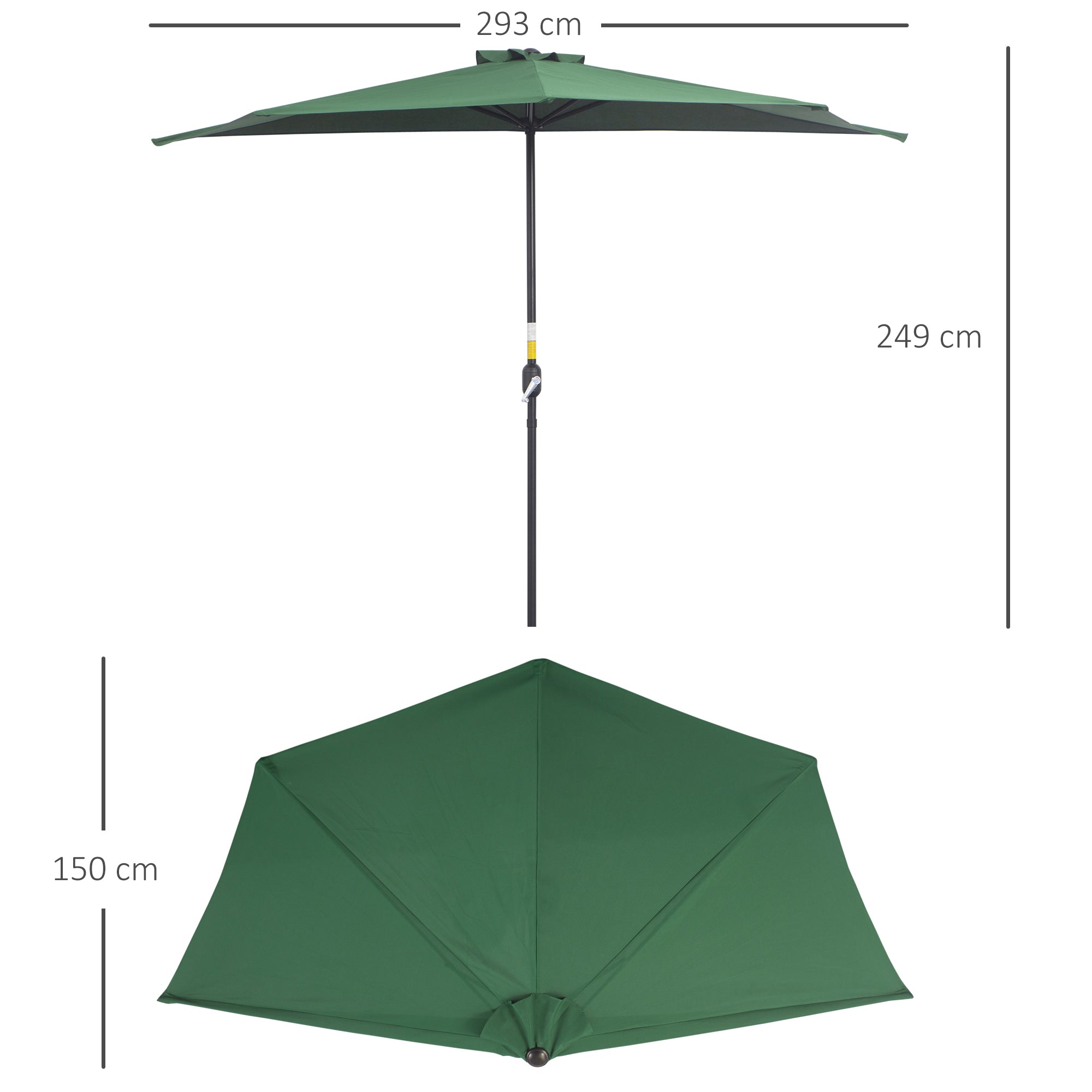 Outsunny 3(m) Half Parasol, Semi Round Umbrella with Metal Frame, Crank Handle for Balcony, Garden, Green