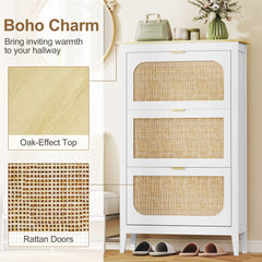 HOMCOM Narrow Shoe Cabinet, Boho Slim Shoe Storage Cabinet with 3 Flip Drawers, Holds 21 Pairs, White