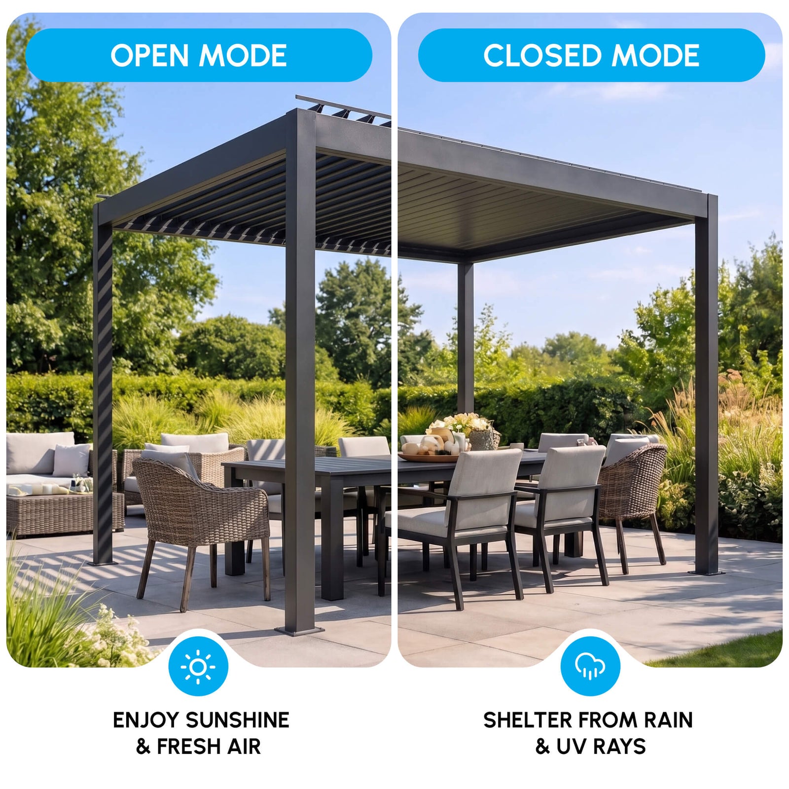 Outsunny 3 x 3(m) Electric Louvered Pergola with LED Lights, Aluminium Pergola Hardtop Gazebo with Remote, Adjustable Roof and Drainage System, Water and UV Proof