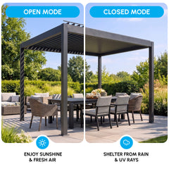 Outsunny 3 x 3(m) Electric Louvered Pergola with LED Lights, Aluminium Pergola Hardtop Gazebo with Remote, Adjustable Roof and Drainage System, Water and UV Proof