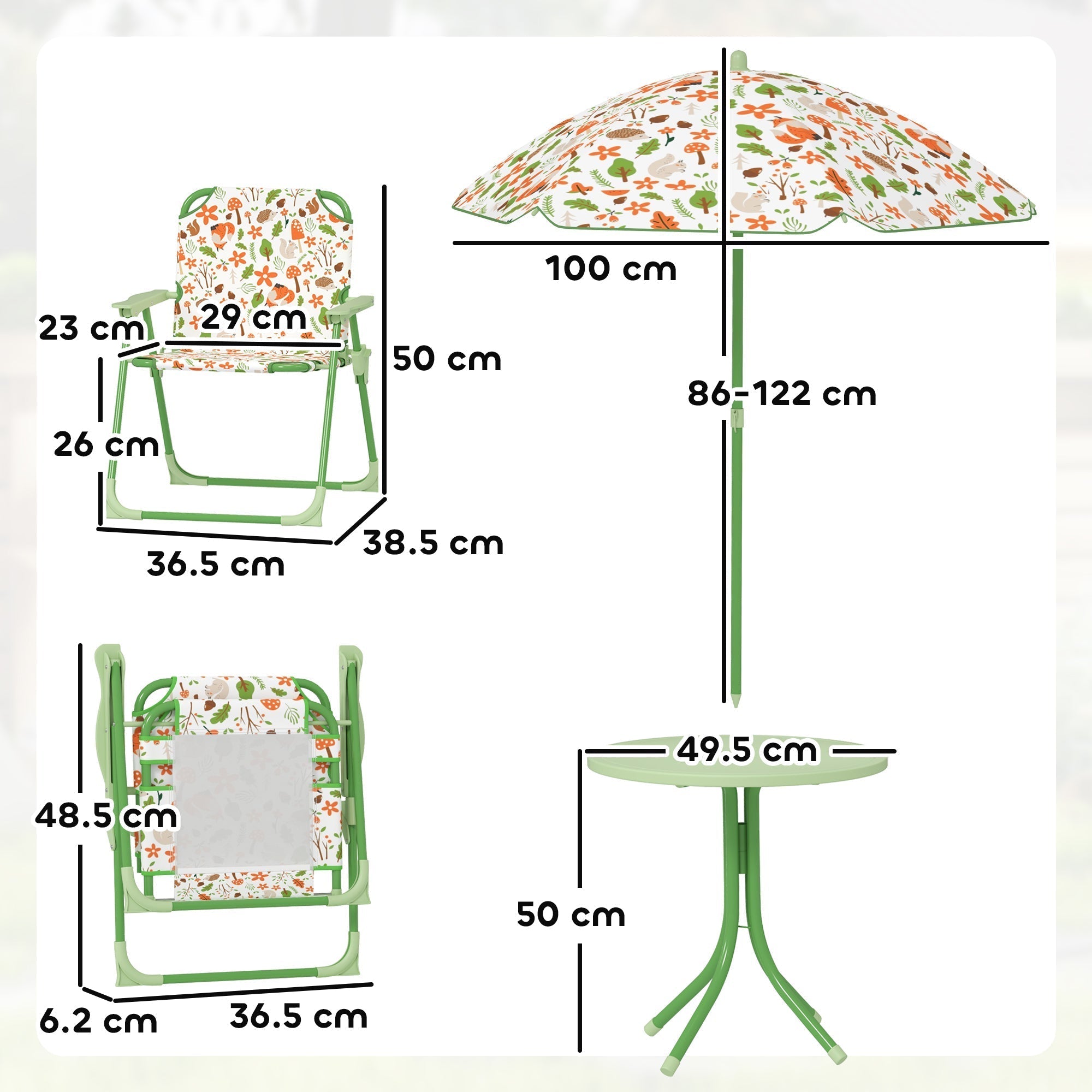 AIYAPLAY 4-Piece Kids Garden Table and Chair Set with Adjustable Parasol, Folding Chairs, Table, Nature Pattern, Green