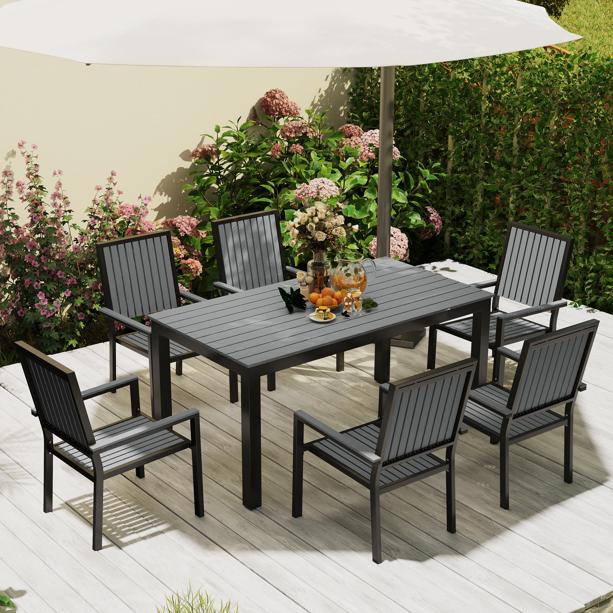 Outsunny 6 Seater Garden Dining Set with Stackable Chairs, Aluminium Frame, Rectangular Plastic Top, Garden Furniture Set, Outdoor Dining Table and Chairs for Patio, Balcony, Poolside, Grey