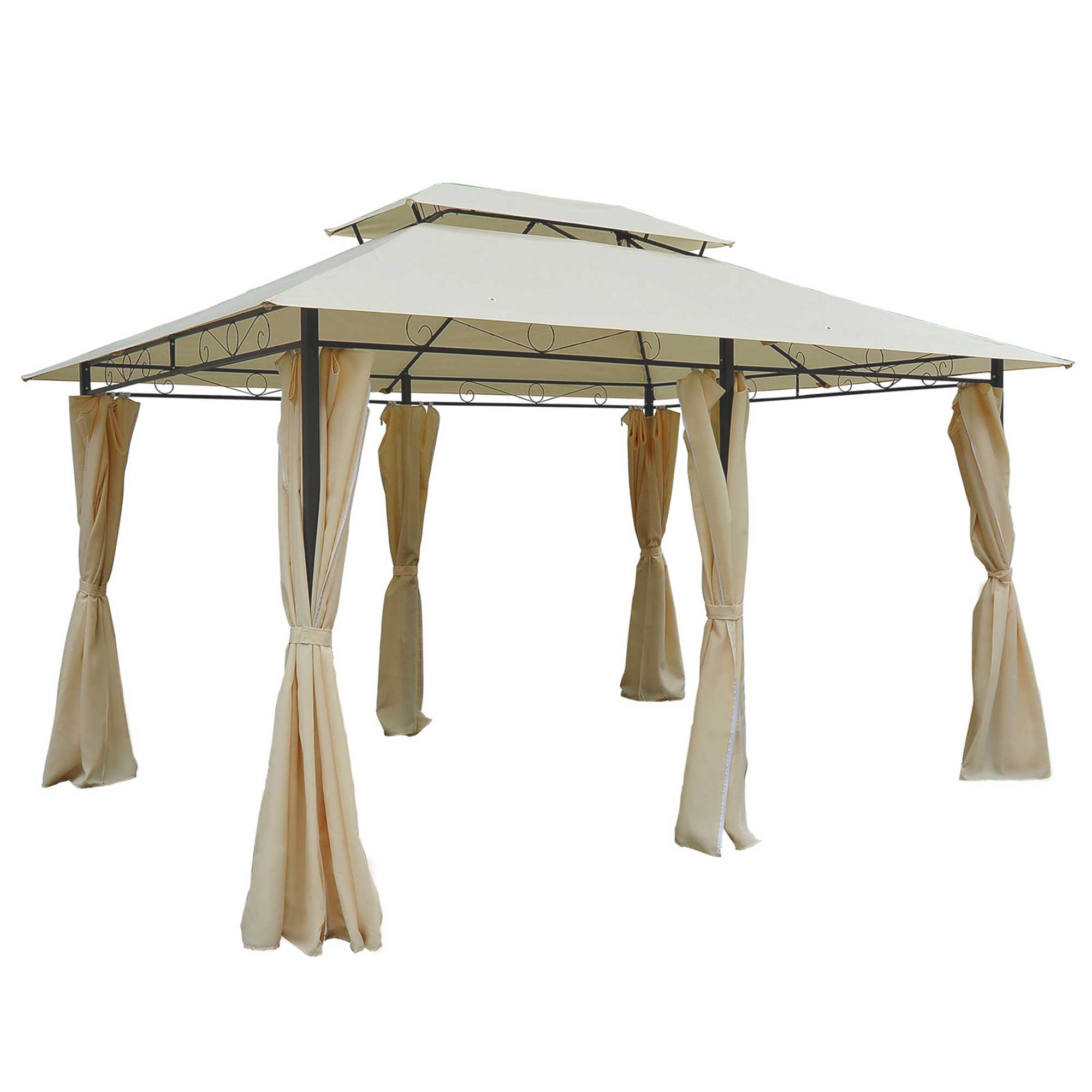 Outsunny 4m x 3(m)Garden Gazebo, Double Roof Outdoor Gazebo Canopy Shelter with Curtains, Solid Steel Frame for Lawn and Deck, Beige