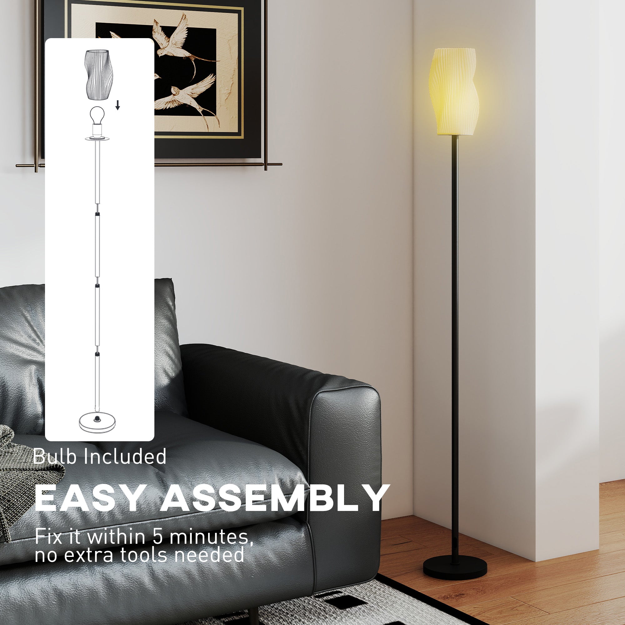 HOMCOM Floor Lamp for Living Room, 3D Printed Modern Standing Lamp with Flowing Curved Shade, 3 Colour Temperature & Foot Switch, Minimalist Tall Pole Lampshade for Bedroom, Office, White