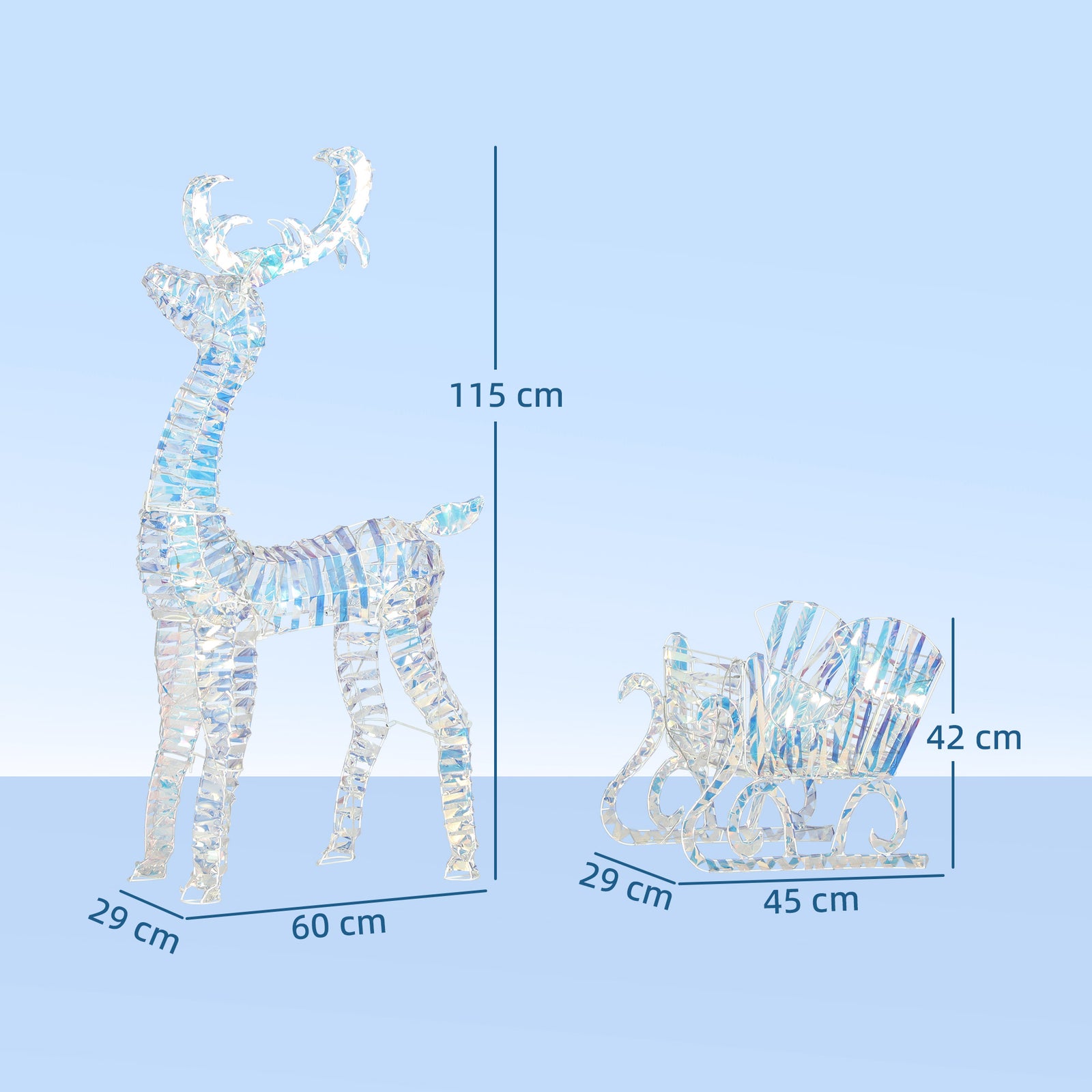 Outsunny Lighted Christmas Reindeer with Sleigh, Outdoor Yard Reindeer with 170 Warm White LED Lights, Holiday Decor with Stakes, Waterproof, Silver