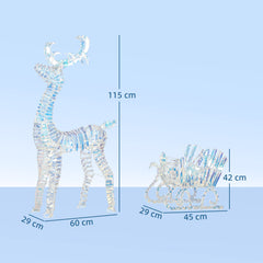 Outsunny Lighted Christmas Reindeer with Sleigh, Outdoor Yard Reindeer with 170 Warm White LED Lights, Holiday Decor with Stakes, Waterproof, Silver