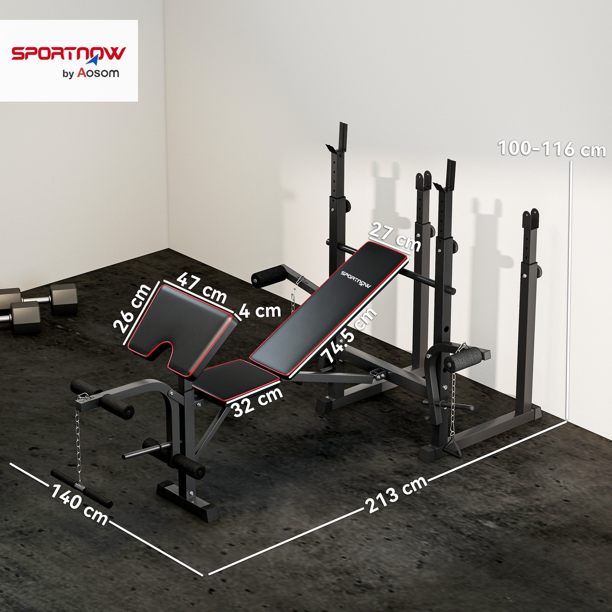 SPORTNOW Weight Bench with Two Barbell Racks, Leg Curl Machine, Preacher Curl Bench, Black