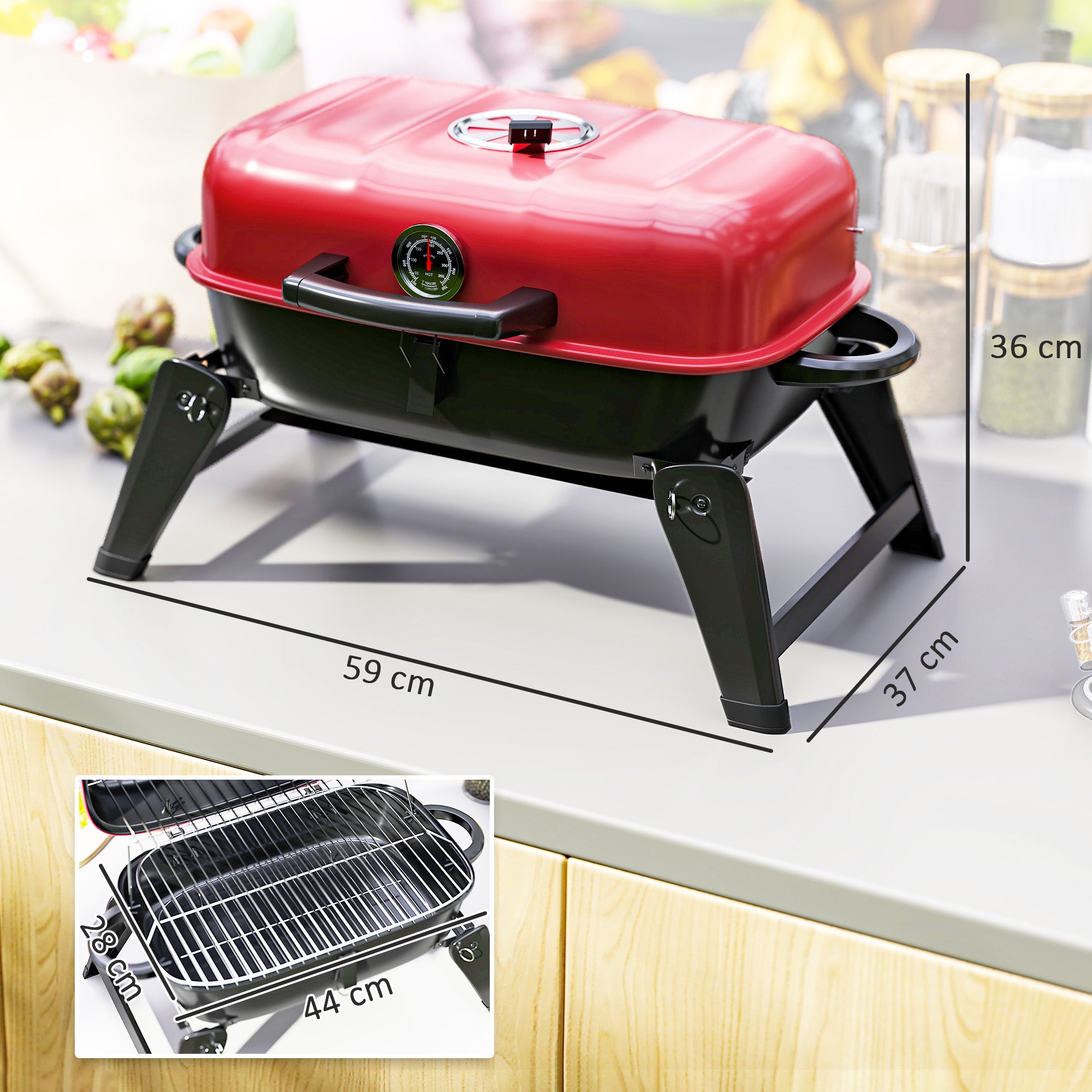 Outsunny Charcoal Barbecue Grill Folding BBQ Grill with 1232 cm√Ç¬≤ Cooking Area, Adjustable Vent, Thermometer, Handles for Camping Picnic, Red