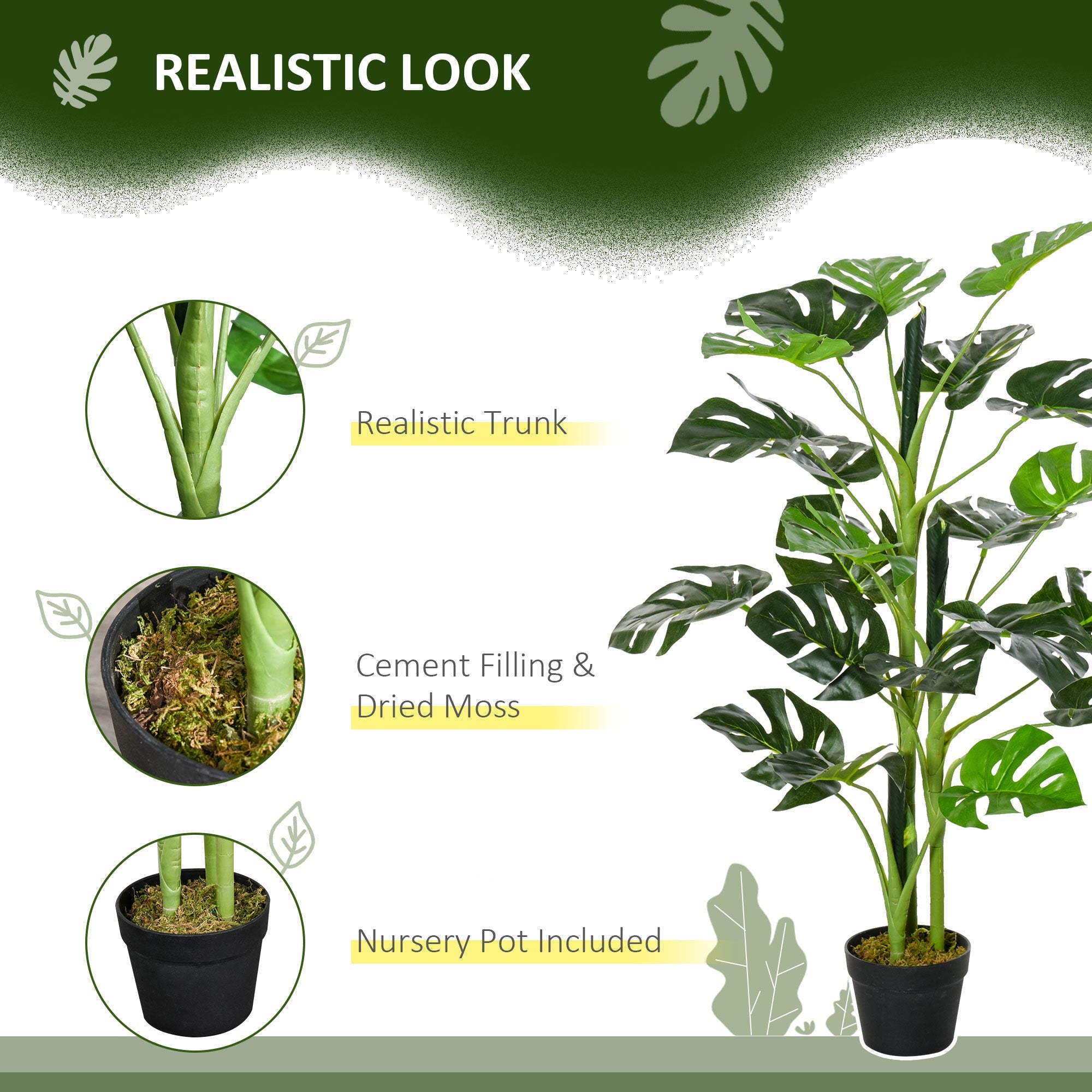 Outsunny 100cm/3.3FT Artificial Monstera Tree Decorative Cheese Plant 21 Leaves with Nursery Pot, Fake Tropical Palm Tree for Indoor Outdoor D√É¬©cor, Set of 2