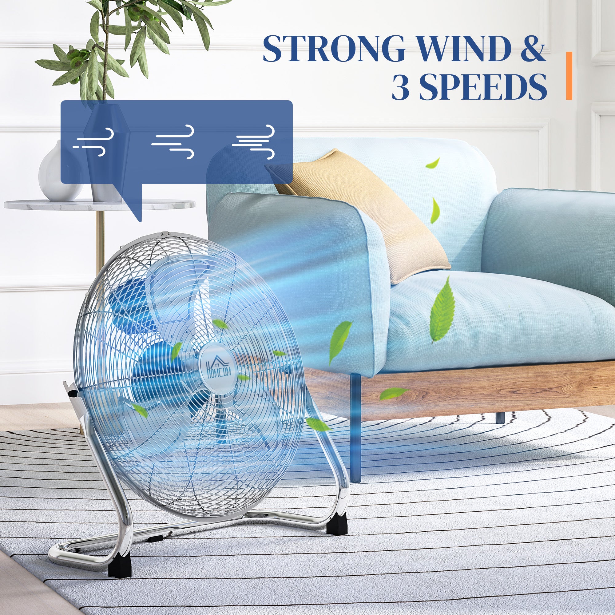 HOMCOM 20 Inches Chrome Metal Floor Fan, High Velocity 3-Speed Home Gym with Adjustable Head, Portable Desk & Table Fan Air Circulator for Home Office, Powerful Airflow, Quiet Operation