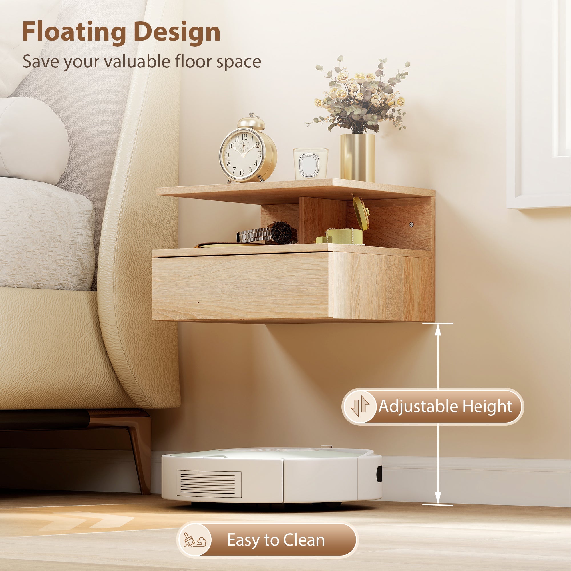 HOMCOM Set of Two Floating Bedside Tables - Oak