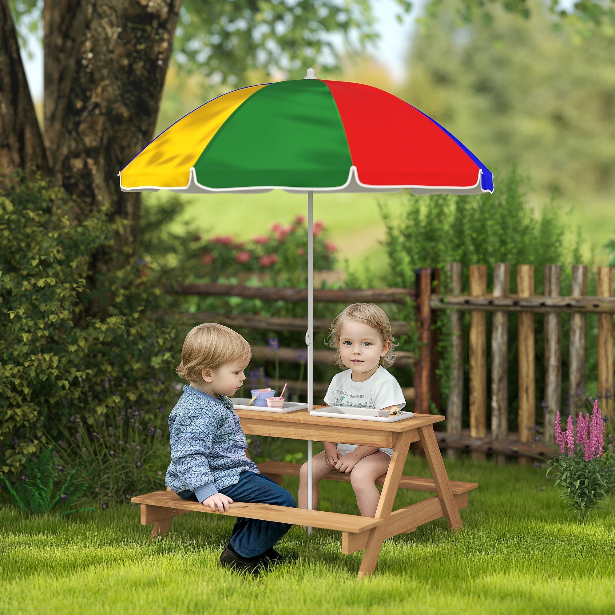 AIYAPLAY Kids Picnic Table, Sand and Water Table with Wooden Benches, Adjustable Parasol and Storage Bins, Multicolour