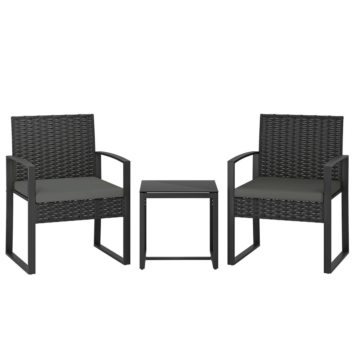 Outsunny Rattan Bistro Set, 3 Piece Garden Furniture Set with Glass Top Table and Cushions, Dark Grey