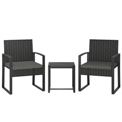Outsunny Rattan Bistro Set, 3 Piece Garden Furniture Set with Glass Top Table and Cushions, Dark Grey