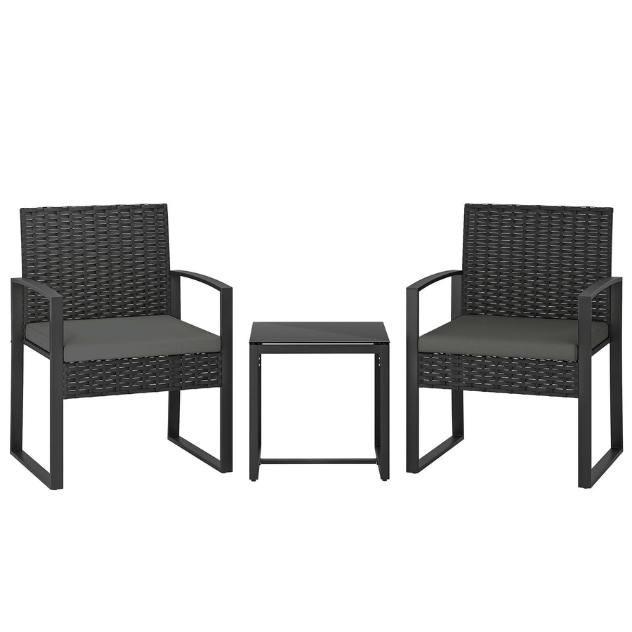 Outsunny Rattan Bistro Set, 3 Piece Garden Furniture Set with Glass Top Table and Cushions, Dark Grey