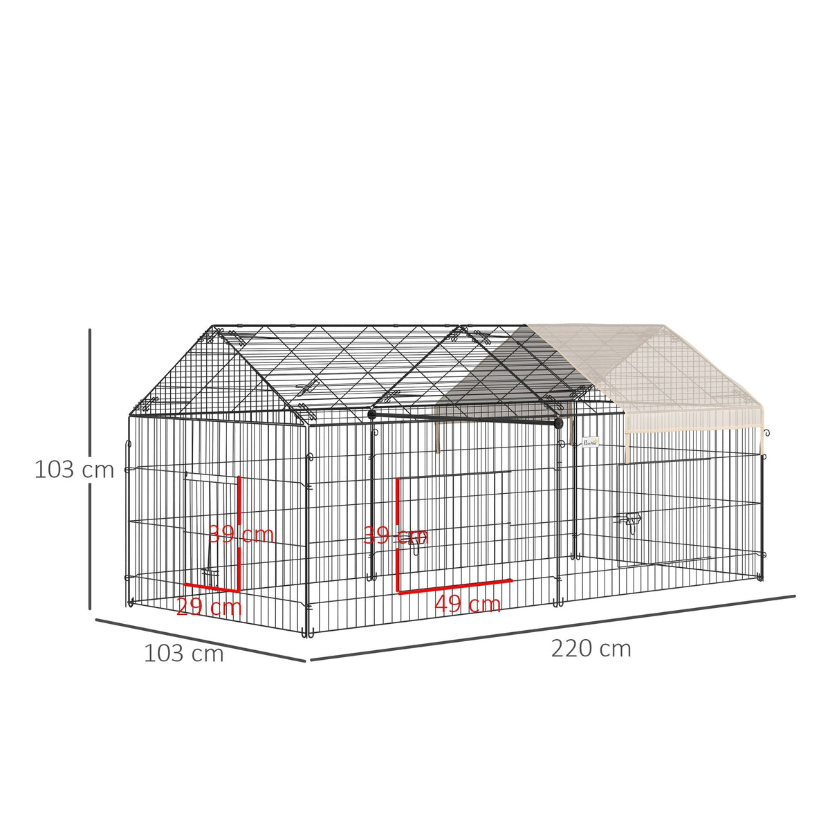 PawHut Metal Rabbit Run Playpen, Guinea Pig Cage, 220 x 103 x 103cm, Beige