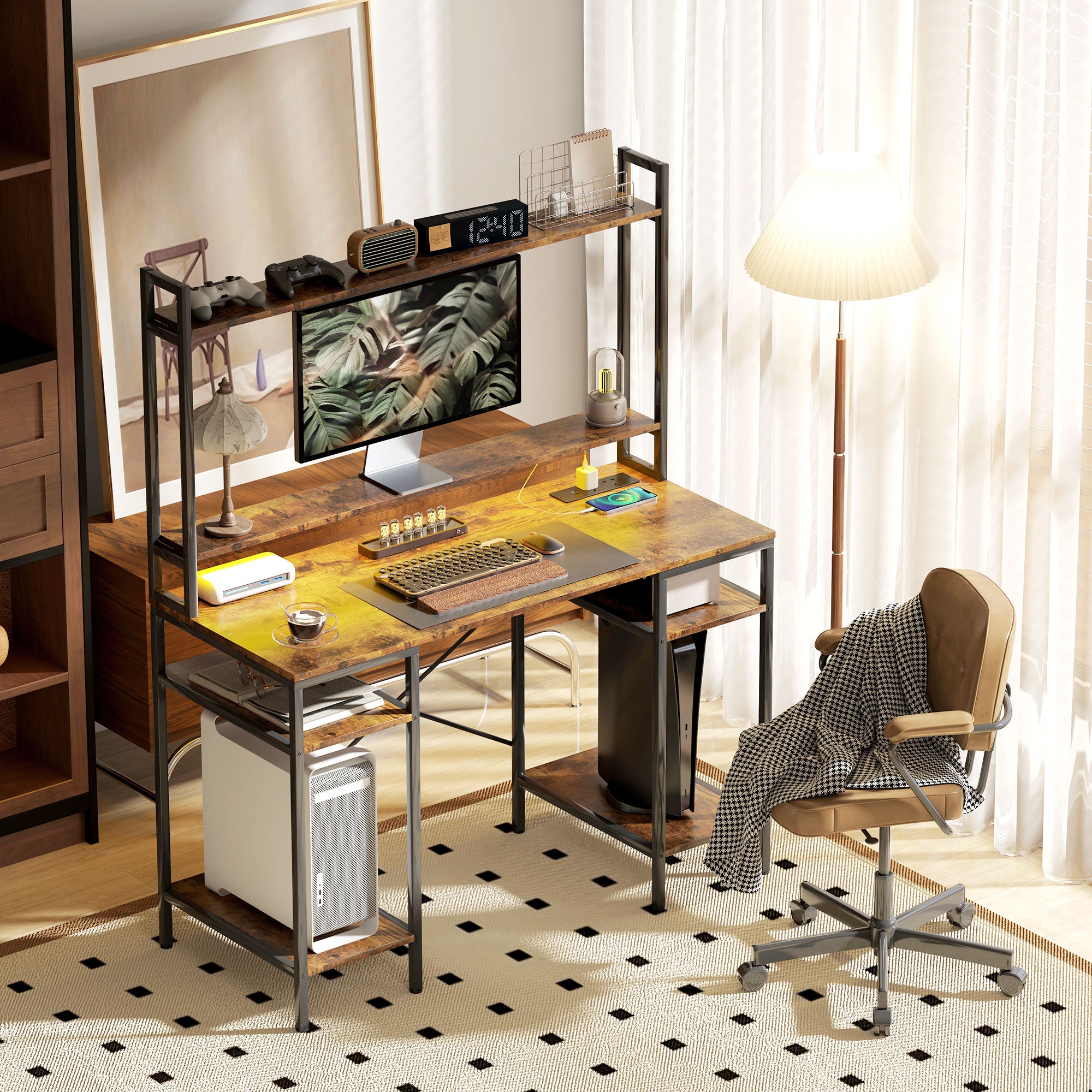 HOMCOM Computer Desk with Power Outlets and LED Lights, Home Office Desk with Monitor Stand, 2 CPU Stands and Storage Shelves, Study Table Gaming Desk with Hutch, Rustic Brown