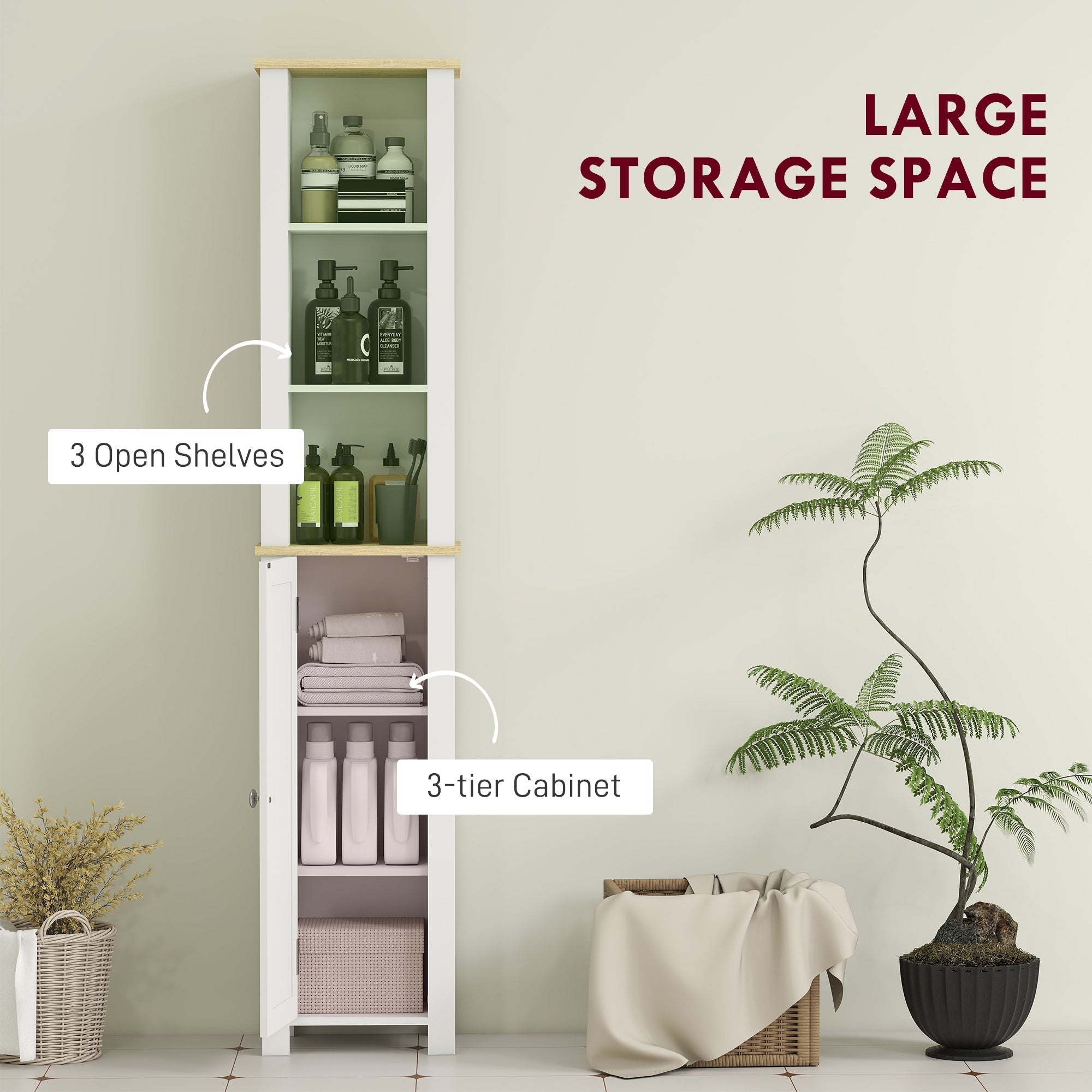 kleankin Slim Bathroom Storage Unit with Open Compartment, Bathroom Storage Cabinet with Adjustable Shelf, 34 x 23 x 165 cm, White