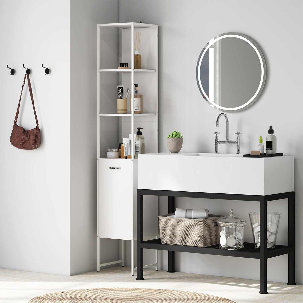 HOMCOM Tall Bathroom Cabinet with Open Shelves and Adjustable Shelf - White