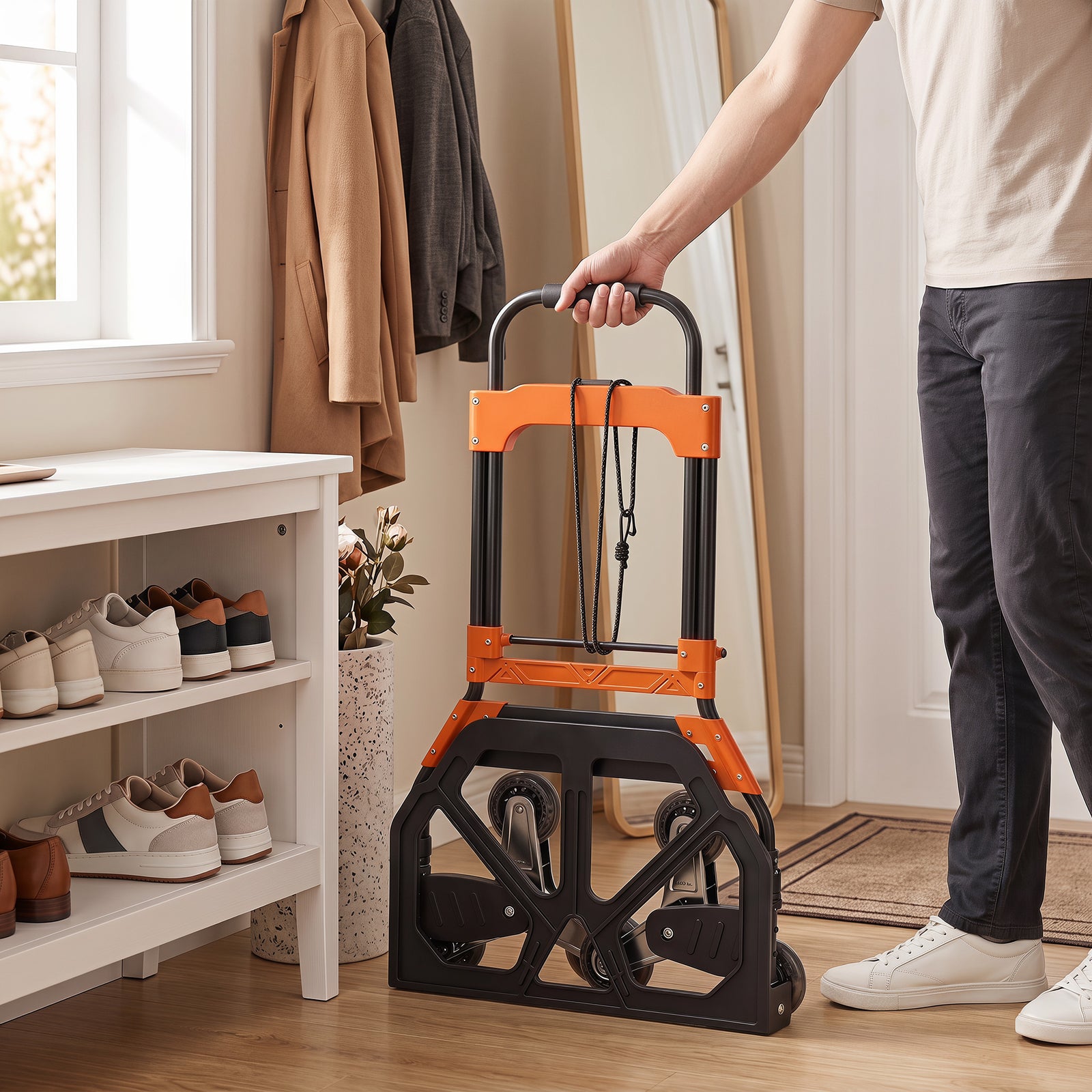 HOMCOM Heavy Duty Foldable Trolley on Wheels, Steel Folding Hand Truck, 75kg, Black and Orange