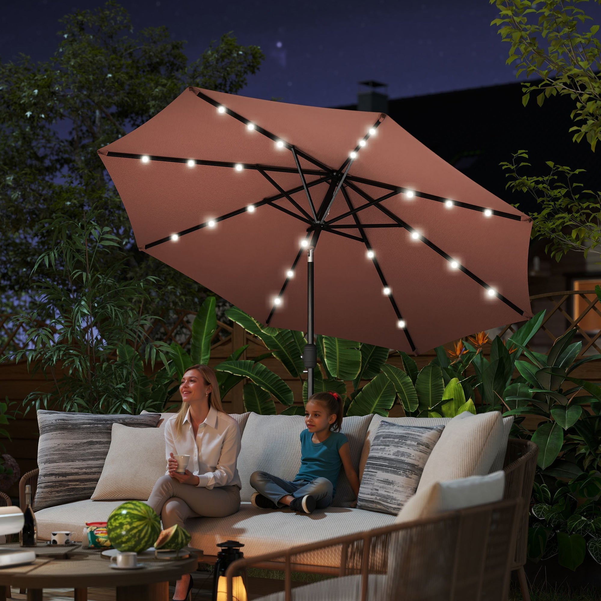 Outsunny â2.7m Garden 24 LED Light Parasol Solar Outdoor Tilt Sun Umbrella Patio Club Party Event Manual Sun Shade w/ Hand Crank and 8 Ribs, Brown