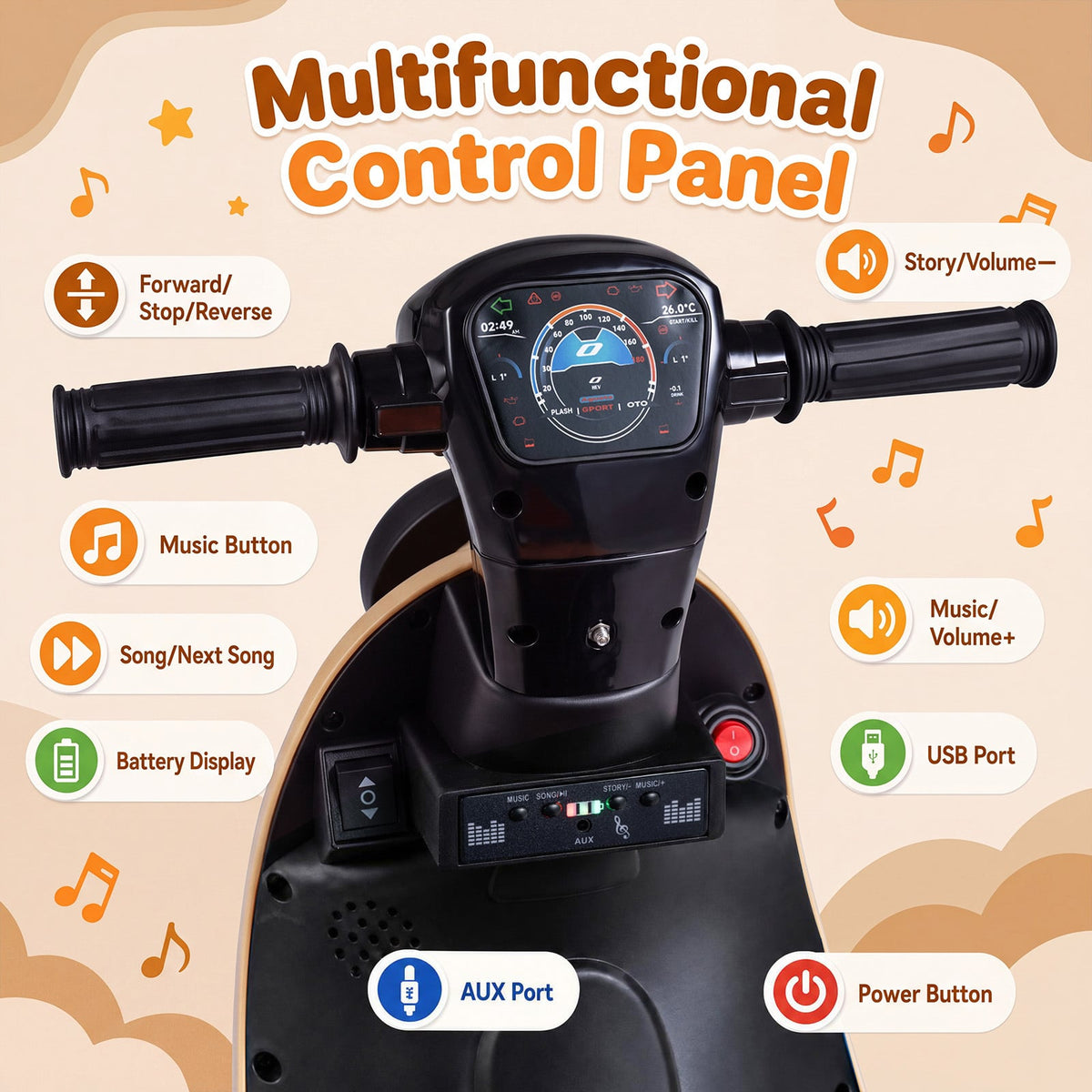 6V Battery Powered Ride on Motorcycle with Light-Up Deck and Music for Kids Aged 3+-Orange