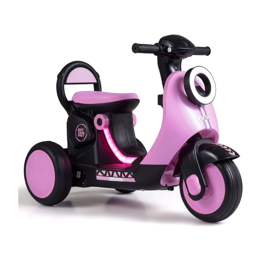 6V Battery Powered Ride on Motorcycle in pink with a light-up deck and black accents