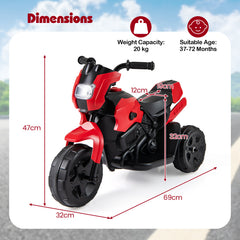 6V Kids 3-Wheel Ride on Motorbike with LED Headlight for Boys Girls Aged 37-72 Months-Red