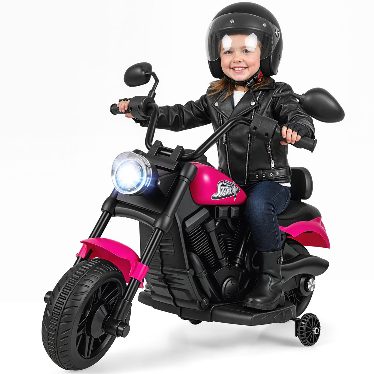 6V Kids Electric Motorbike with Detachable Training Wheels and Music-Rose