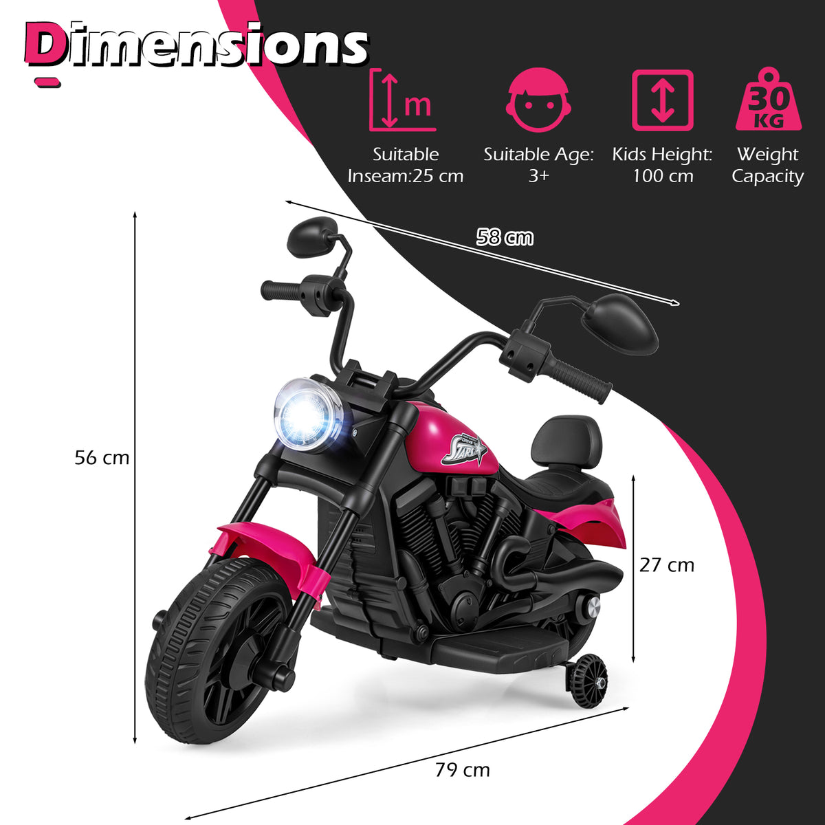 6V Kids Electric Motorbike with Detachable Training Wheels and Music-Rose
