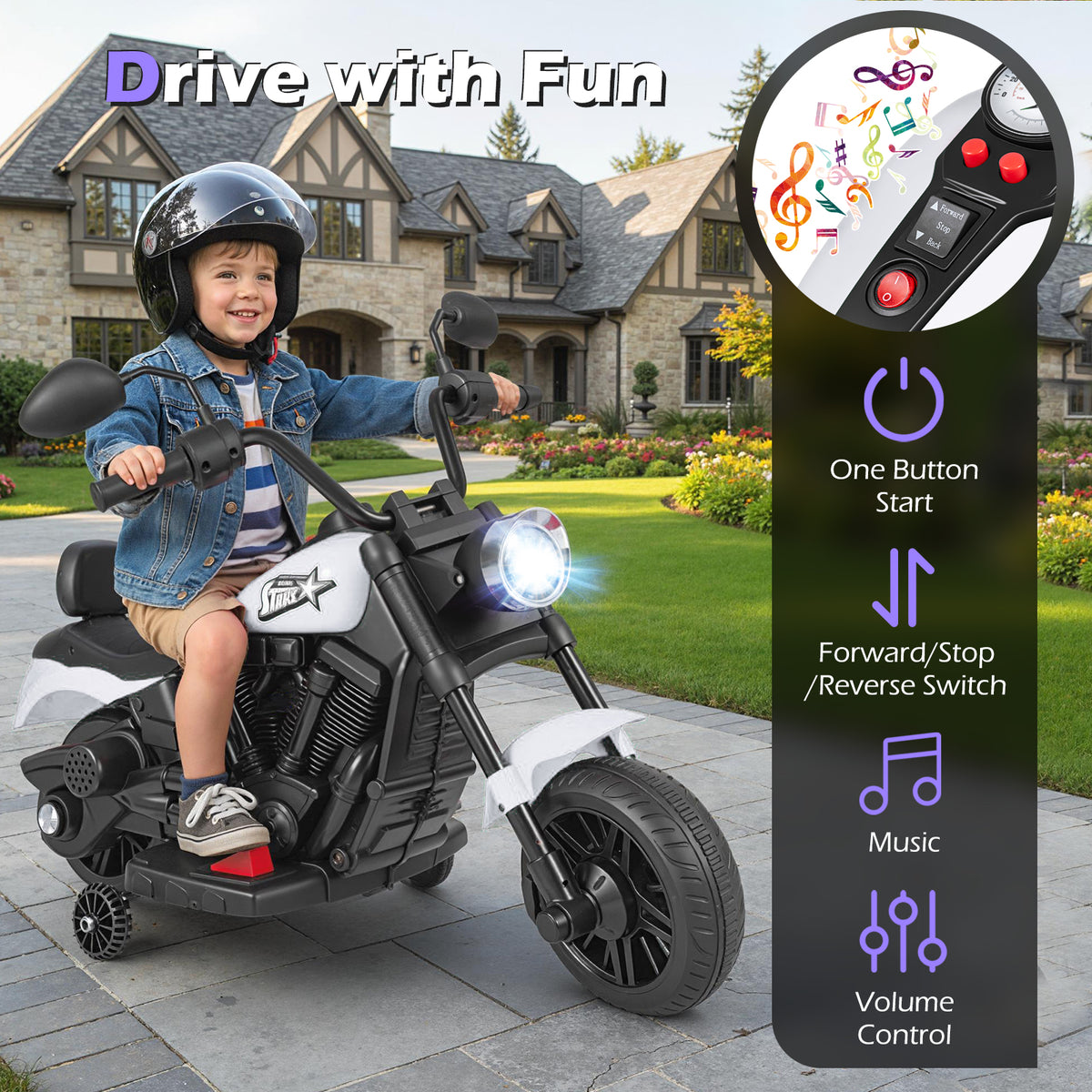 6V Kids Electric Motorbike with Detachable Training Wheels and Music-White