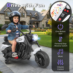 6V Kids Electric Motorbike with Detachable Training Wheels and Music-White
