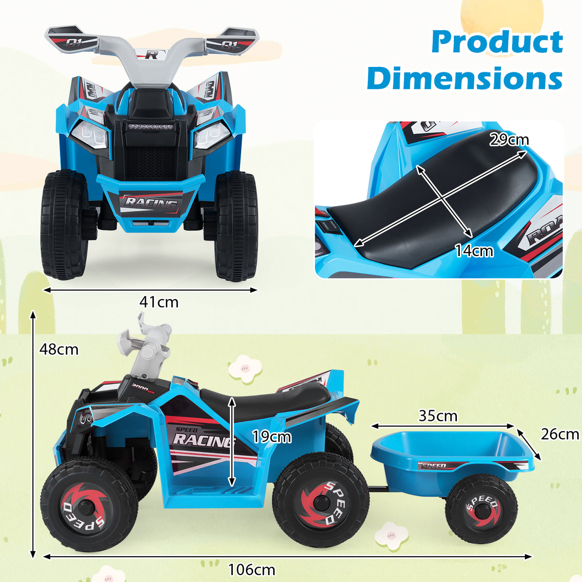 6V Kids Electric Quad with Removable Back Trailer Toddler Ride On ATV-Blue