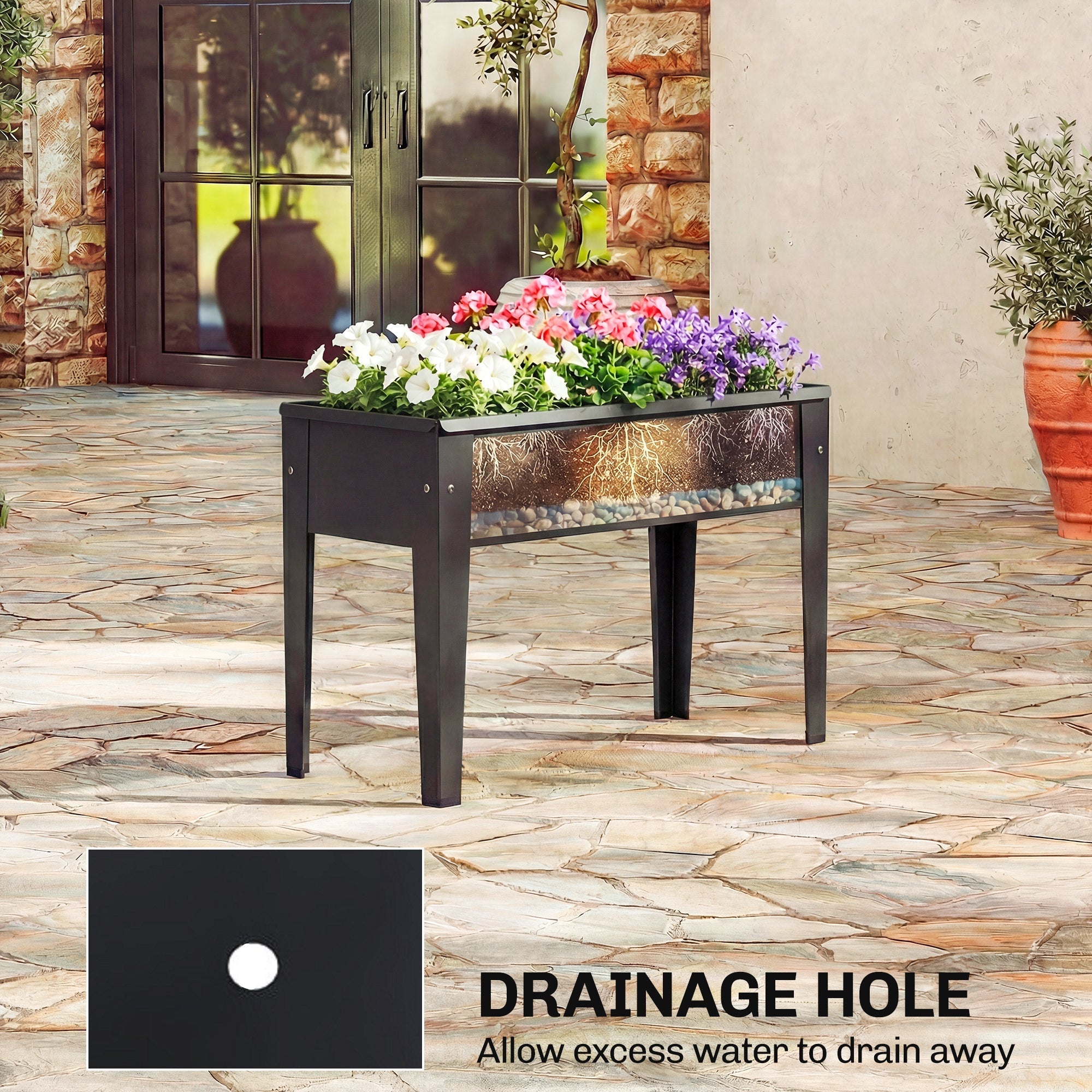Outsunny Raised Planter, Metal Raised Garden Bed on Legs with Drainage Hole and Foot Covers, Black