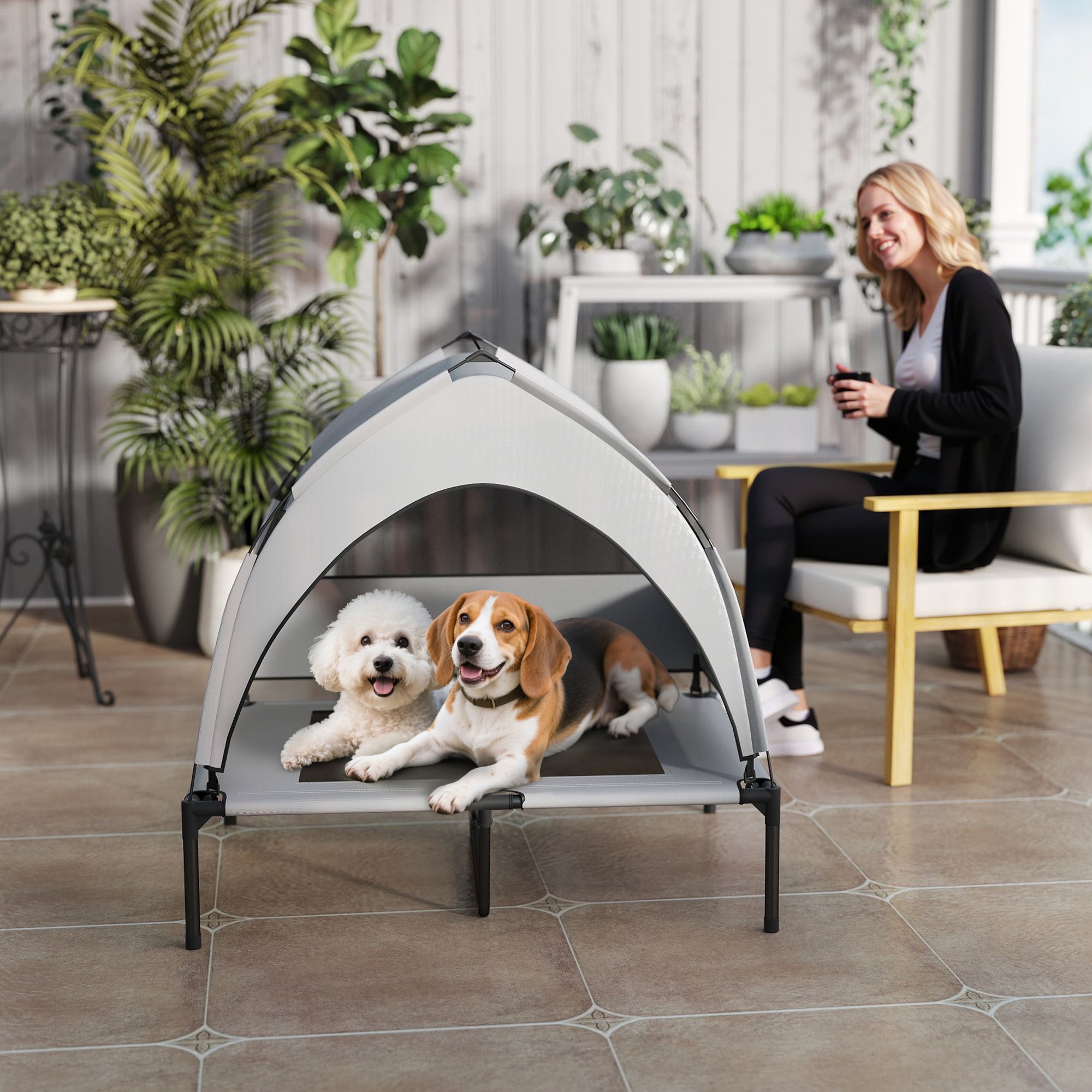 PawHut Portable Elevated Dog Bed with Removable Canopy, Cooling Raised Pet Cot for Medium Large Dogs, 92 x 75 x 89 cm