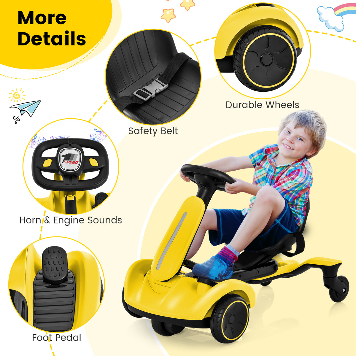 6V Electric Ride on Drift Car for Kids Aged 3-8 Years Old-Yellow