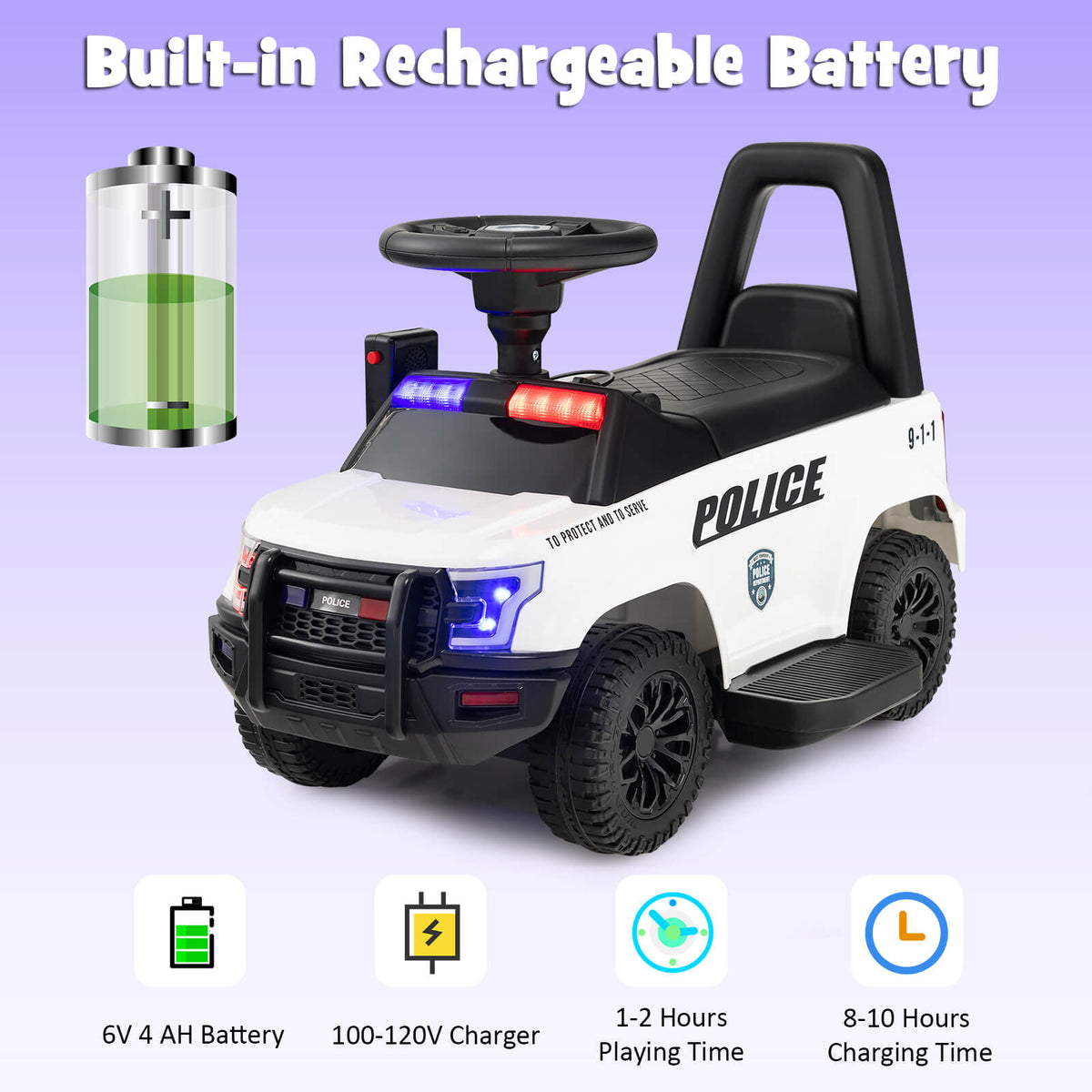 6V Kids Ride On Police Car with Side Megaphone-White