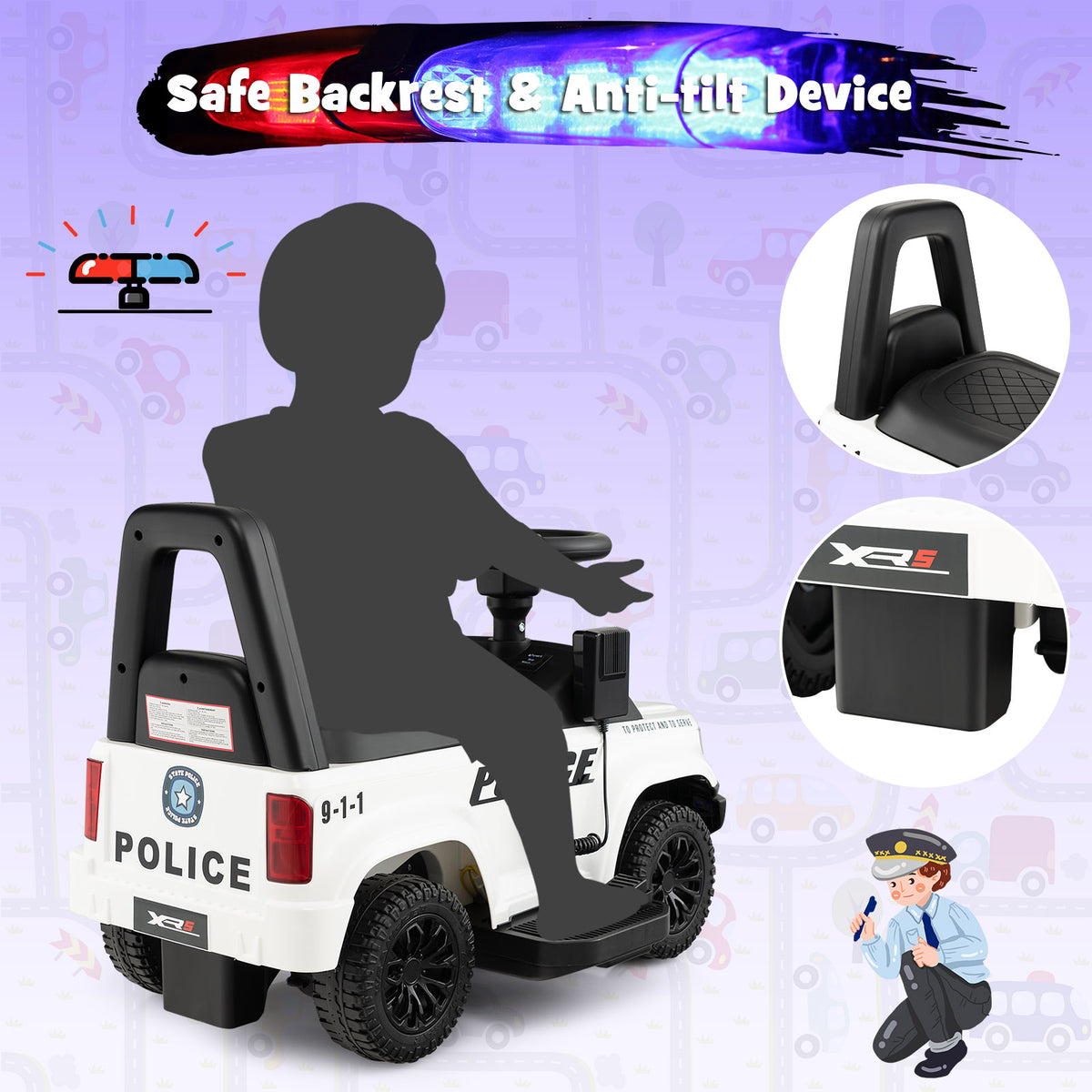 6V Kids Ride On Police Car with Side Megaphone-White