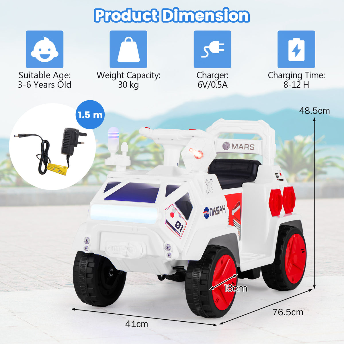 6V Kids Ride-on Car with Music with Radar and Alarm Button-White & Red