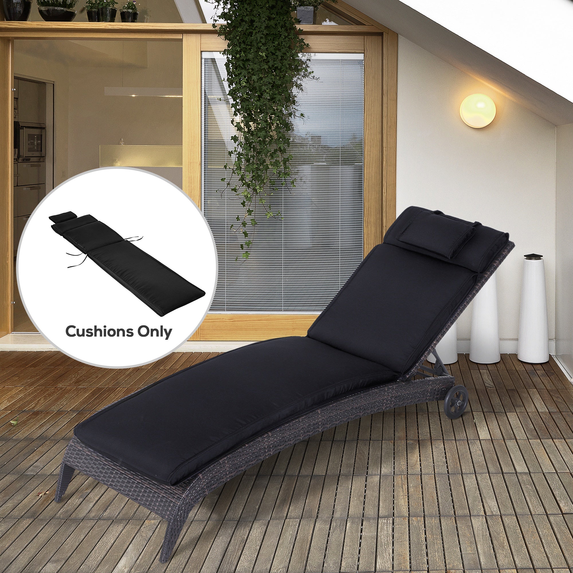 Outsunny Garden Sun Lounger Cushion Replacement Thick Sunbed Reclining Chair Relaxer Pad with Pillow - Black