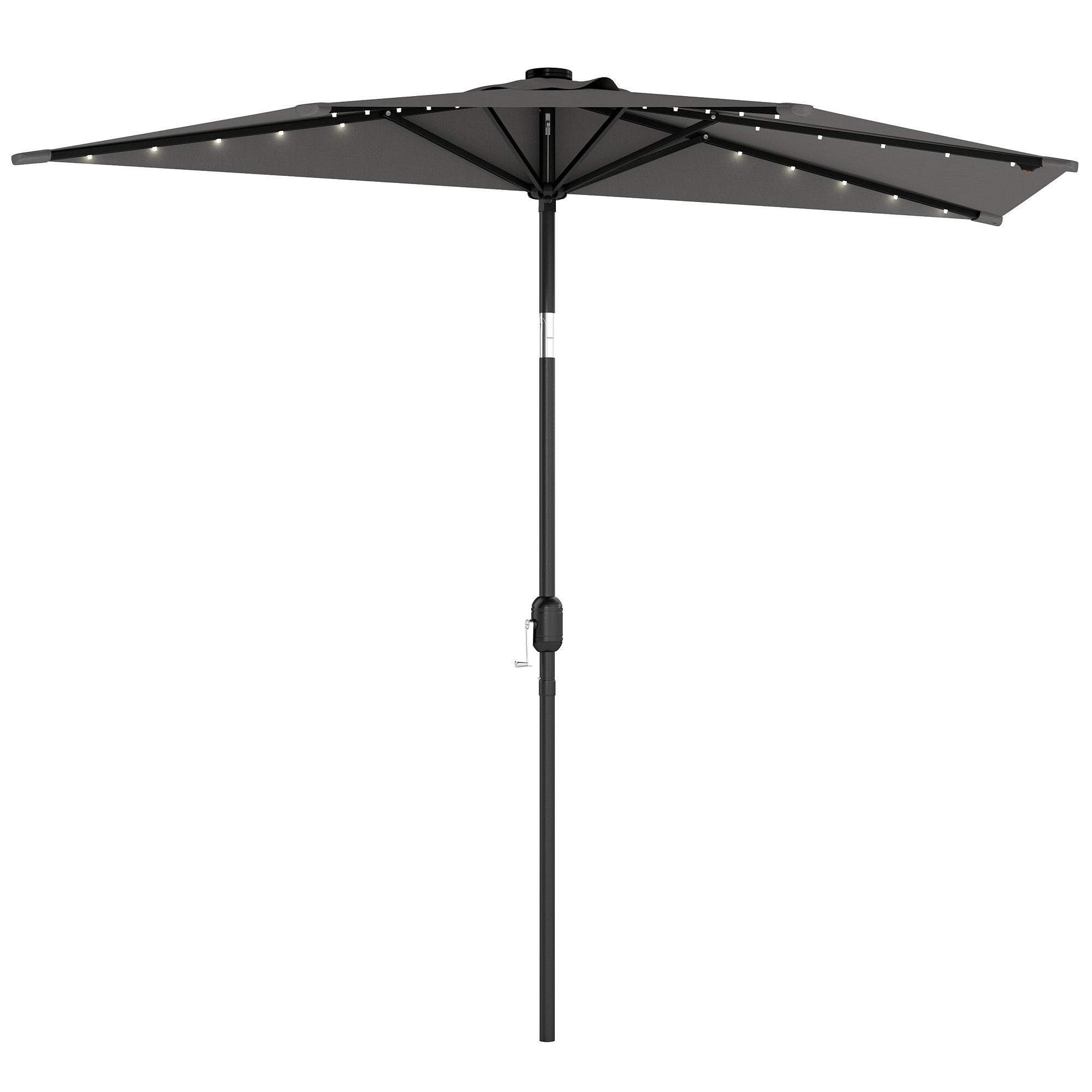 Outsunny 2.6 m Half Garden Parasol with Solar LED Lights, UPF50+ Semi Round Umbrella with 30Â° Tilt, Crank Handle, Dark Grey