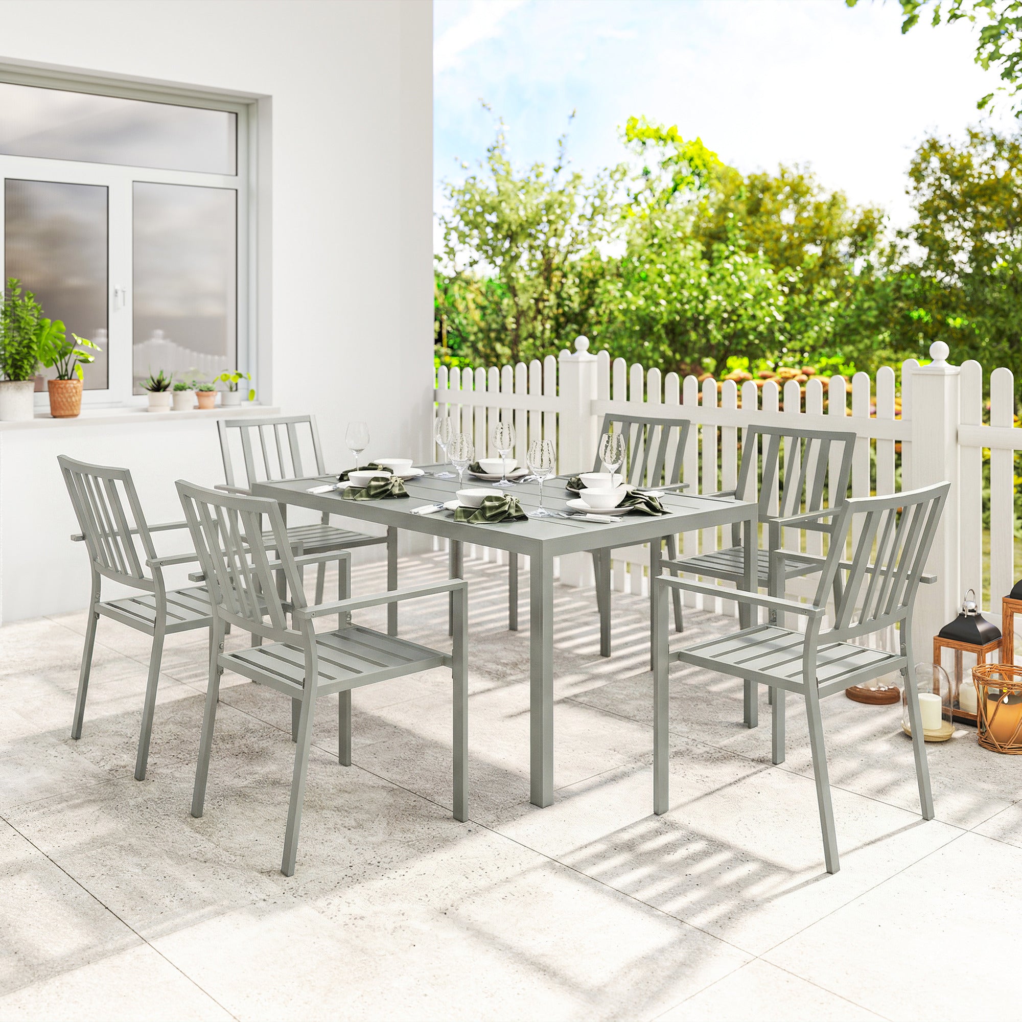 Outsunny Garden Table and Chairs for 6, 7 Pieces Garden Furniture Set with Table, 6 Stackable Chairs and Umbrella Hole Light Grey