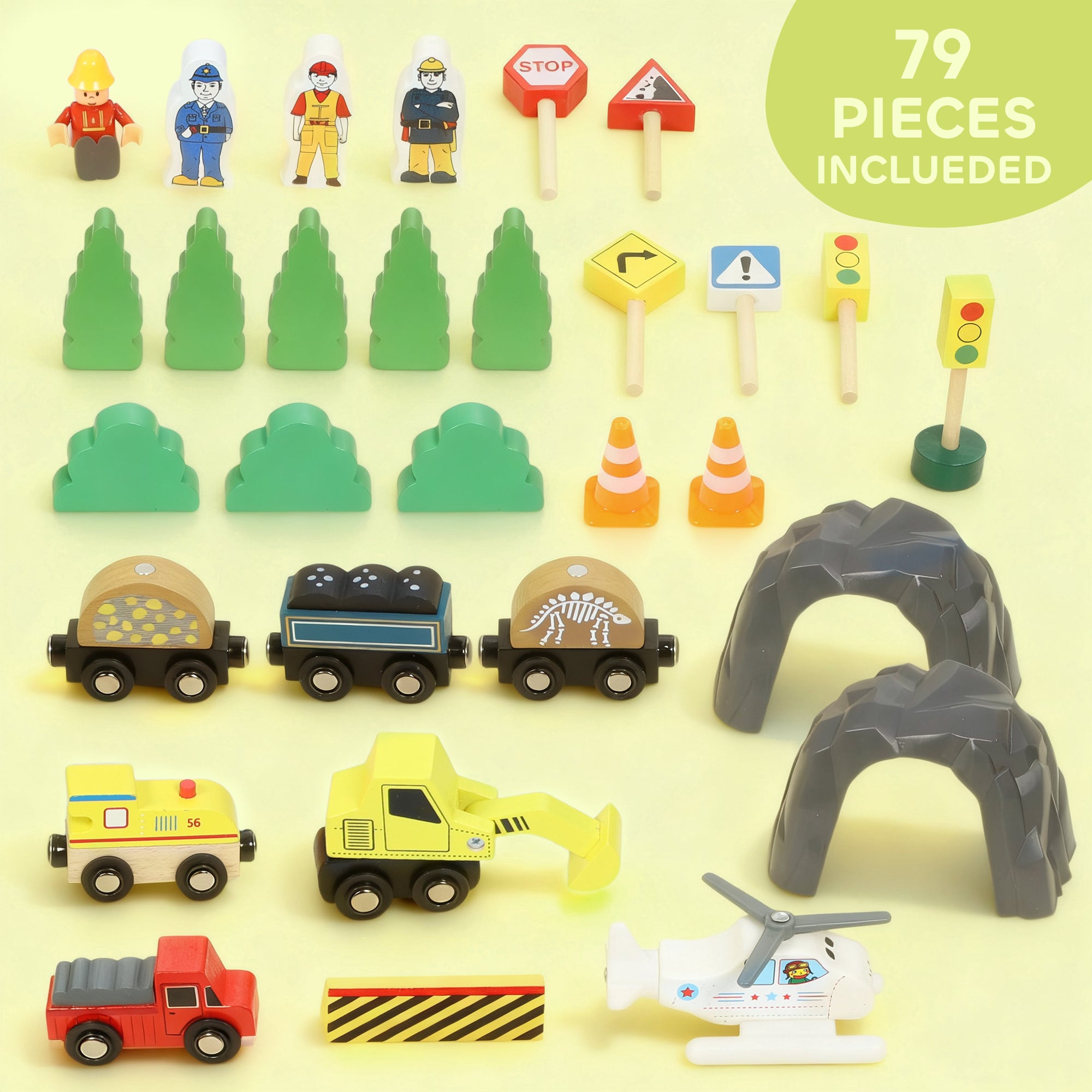 AIYAPLAY 79 Piece Wooden Train Set, Kids Train Track Mine Themed with Crane, Helicopter