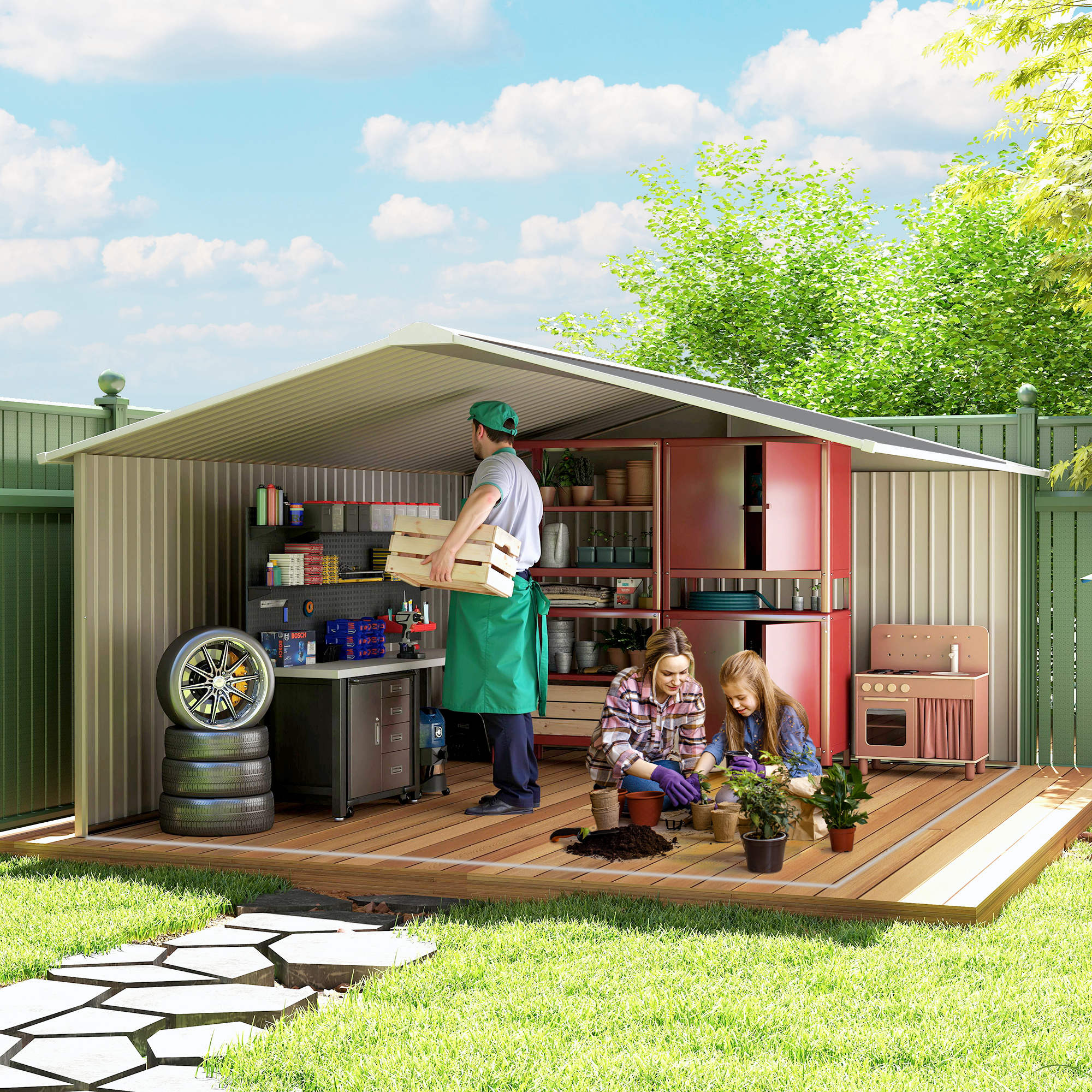 Outsunny 13 x 11ft Metal Garden Shed, Outdoor Storage Tool House with Ventilation Slots, Foundation Kit and Lockable Double Doors, Grey