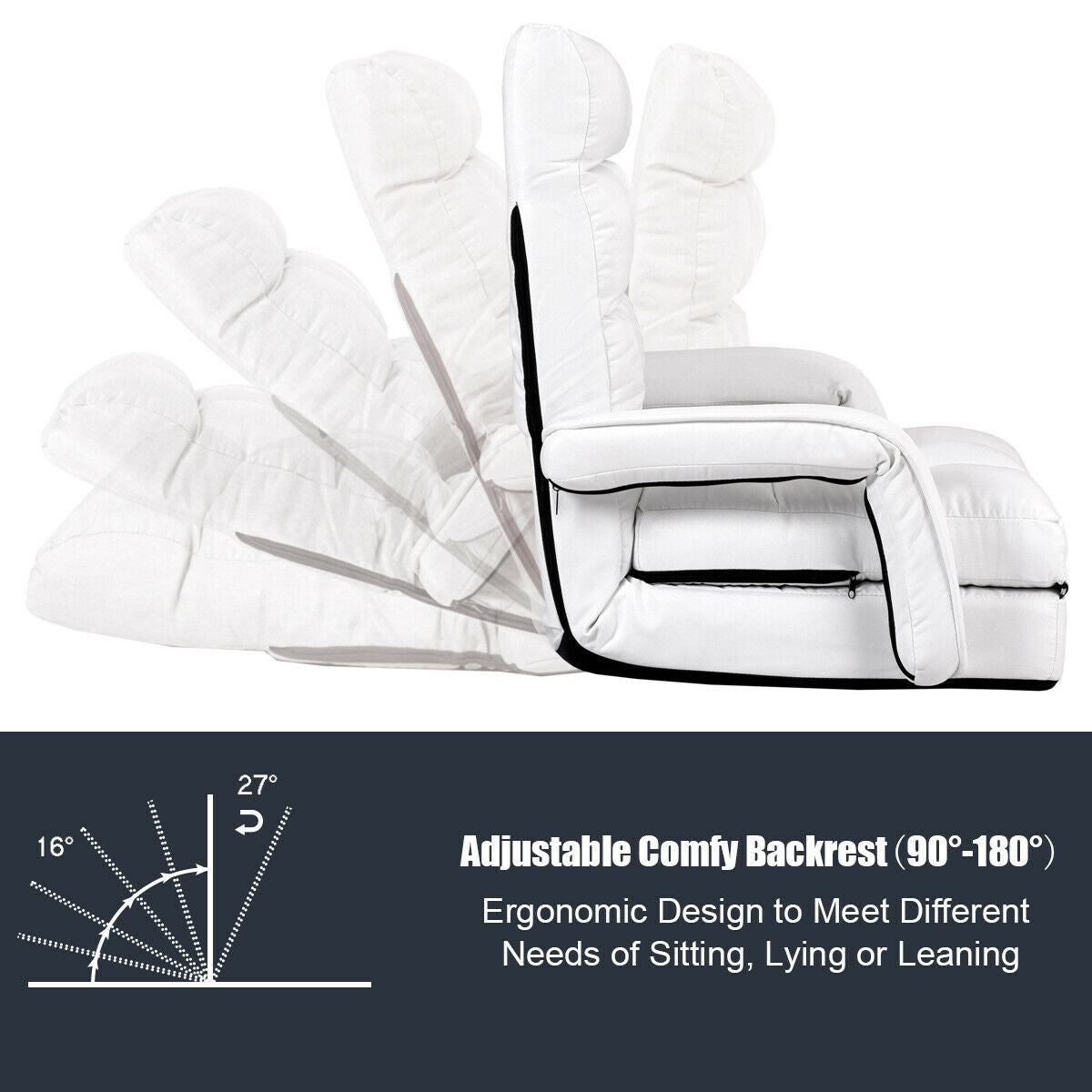 Adjustable Folding Floor Lazy Chair with Pillow-White