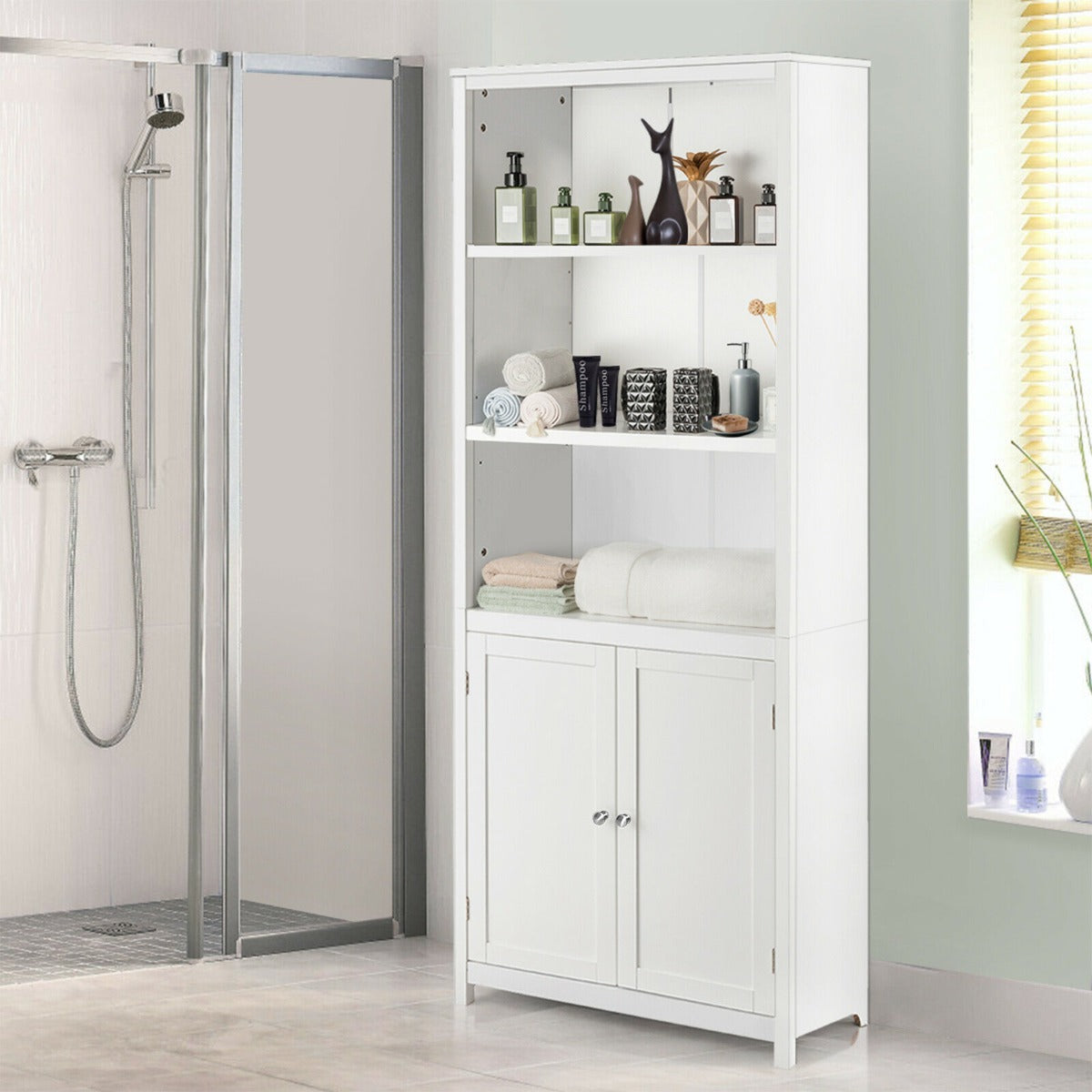 Wooden Tall Bookcase with 3-Tier Storage Cabinet-White