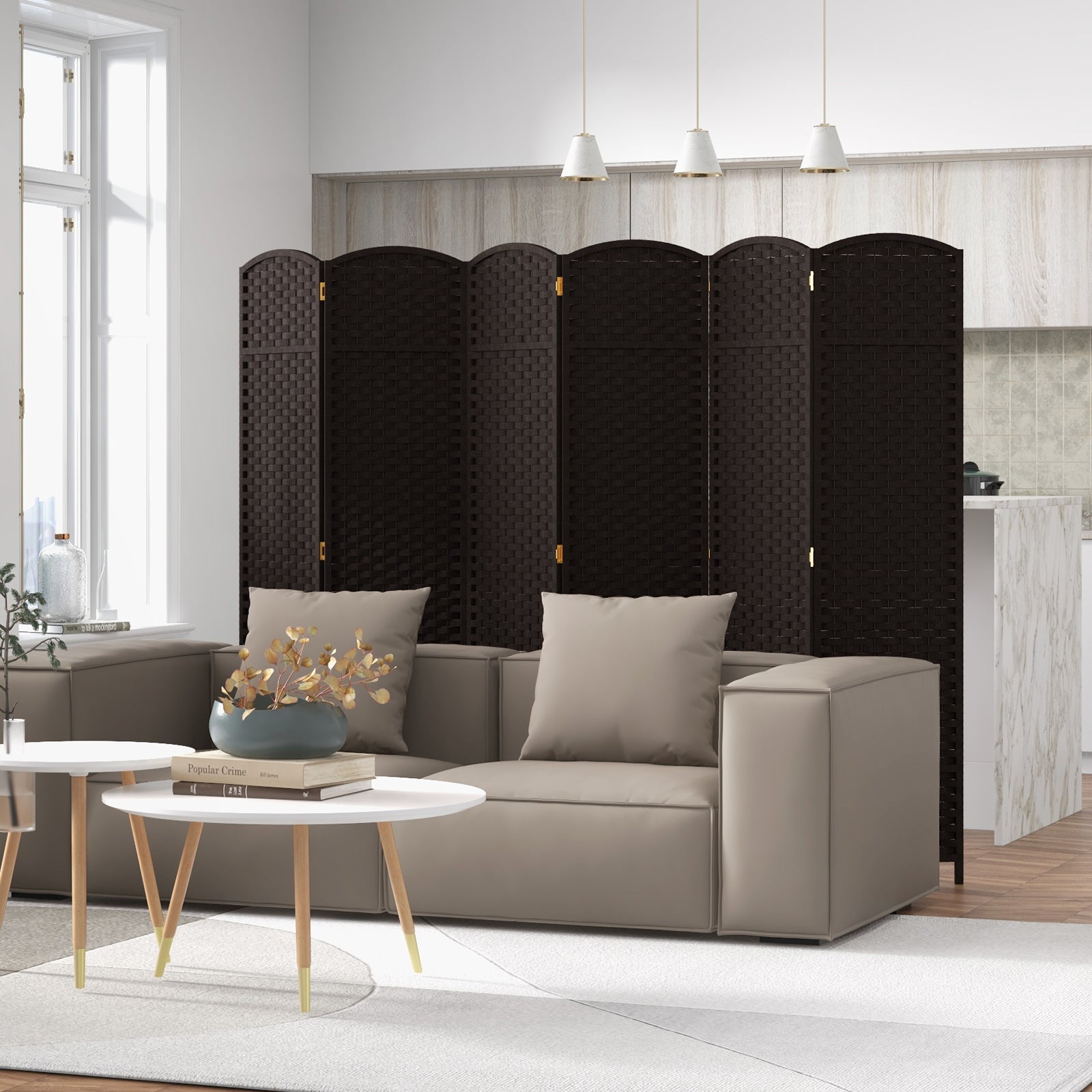6-Panel Room Divider Folding Privacy Screen with Hand-woven Texture-Brown