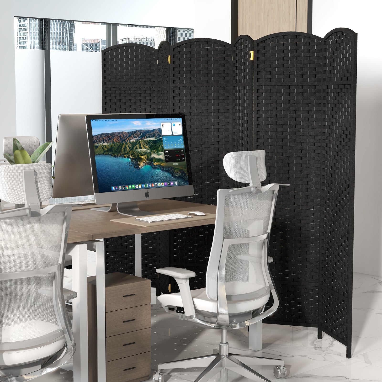 6-Panel Room Divider Folding Privacy Screen with Hand-woven Texture-Black